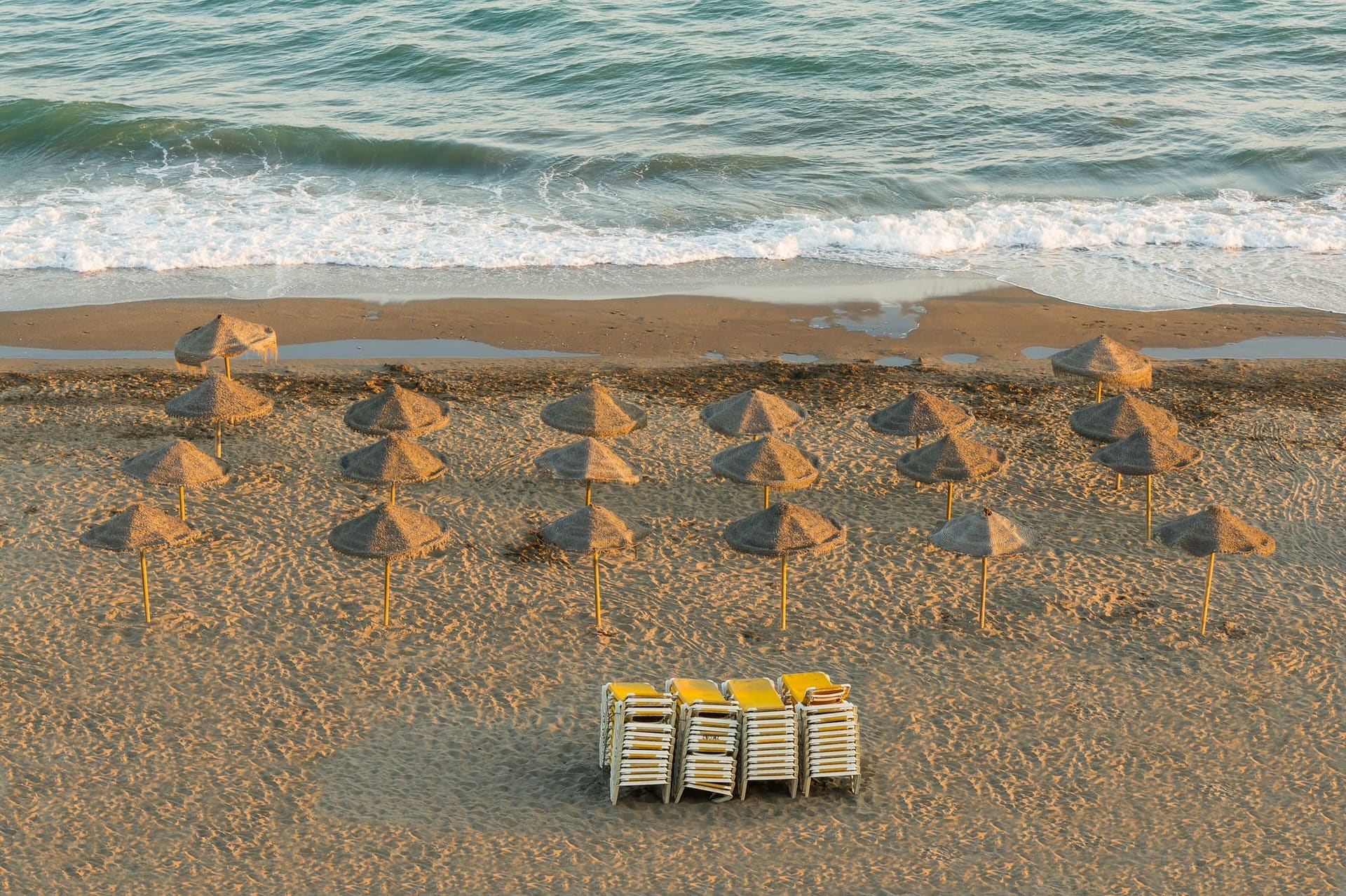 Golden evening light over an empty Costa del Sol beach, Rincón de la Victoria