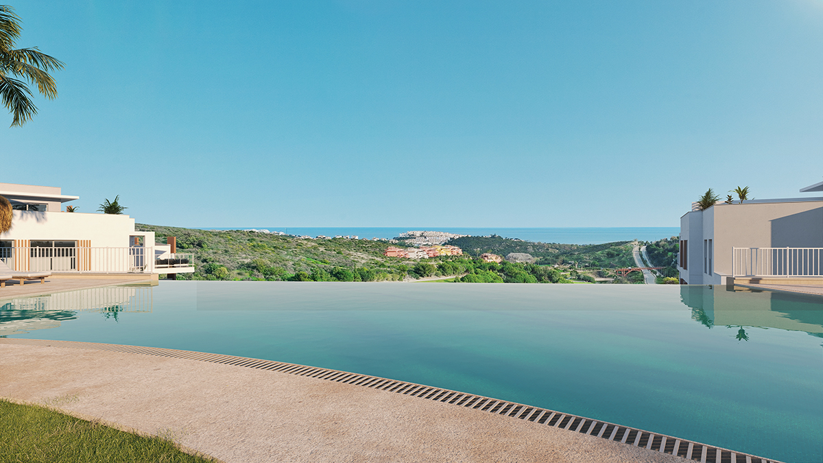 The infinity pool, with its beach entry and golf-course view. Abril Doña Julia, Casares Costa, Casares.
