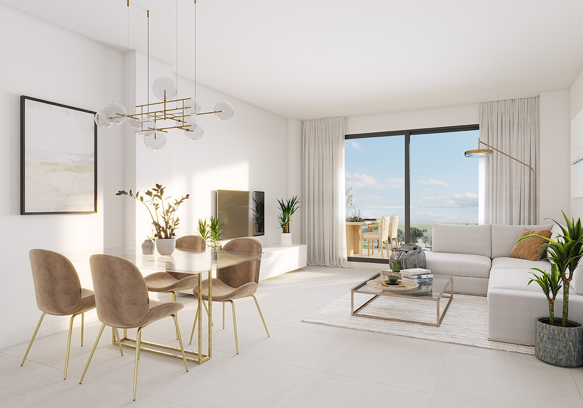 The open living space, as the developer draws it. Abril Doña Julia, Casares Costa, Casares.
