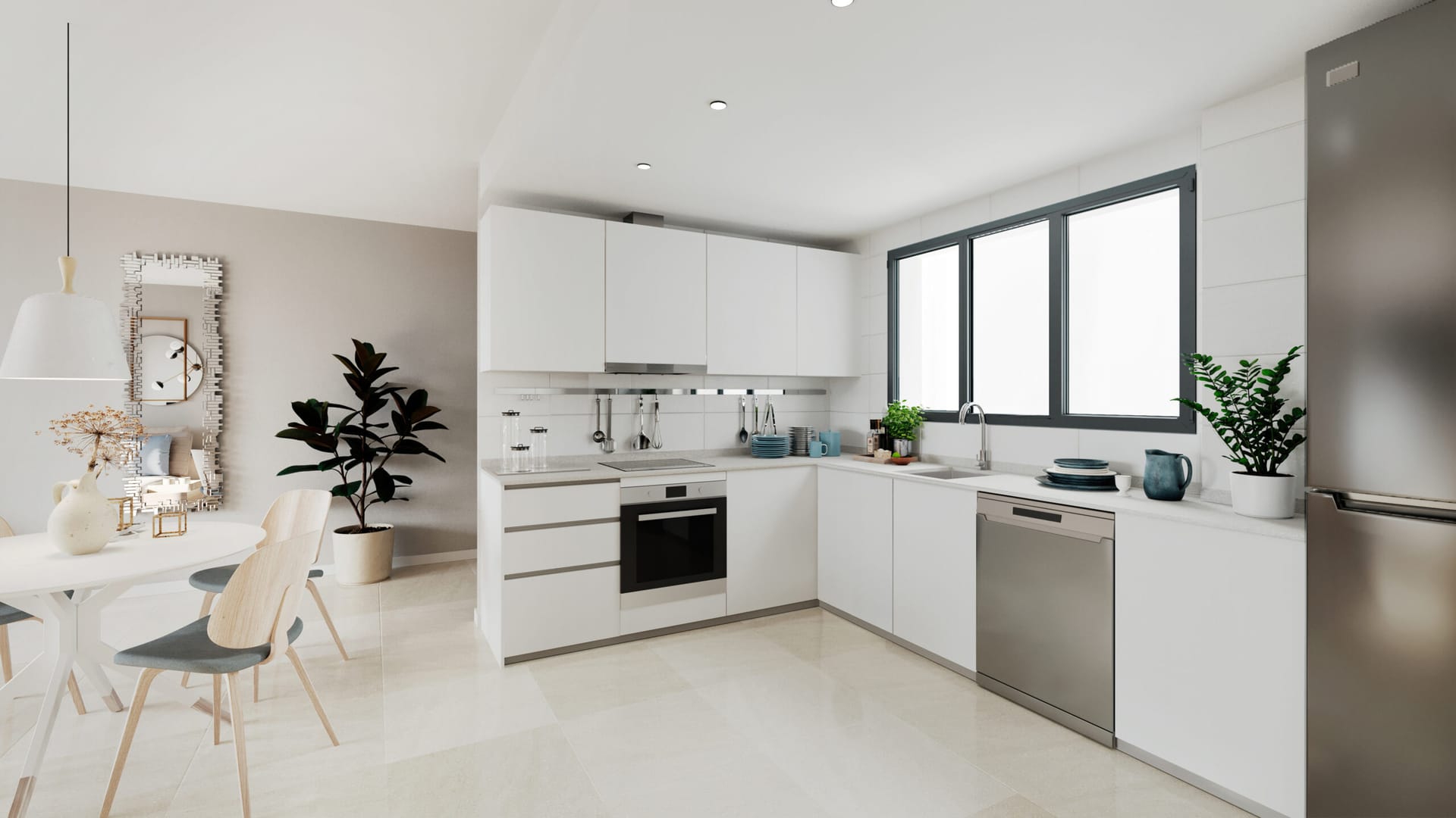 A white L-shaped kitchen with a built-in oven, a stainless steel dishwasher and a tall fridge, beside the dining table. Aby Middle, Estepona Golf, Estepona.