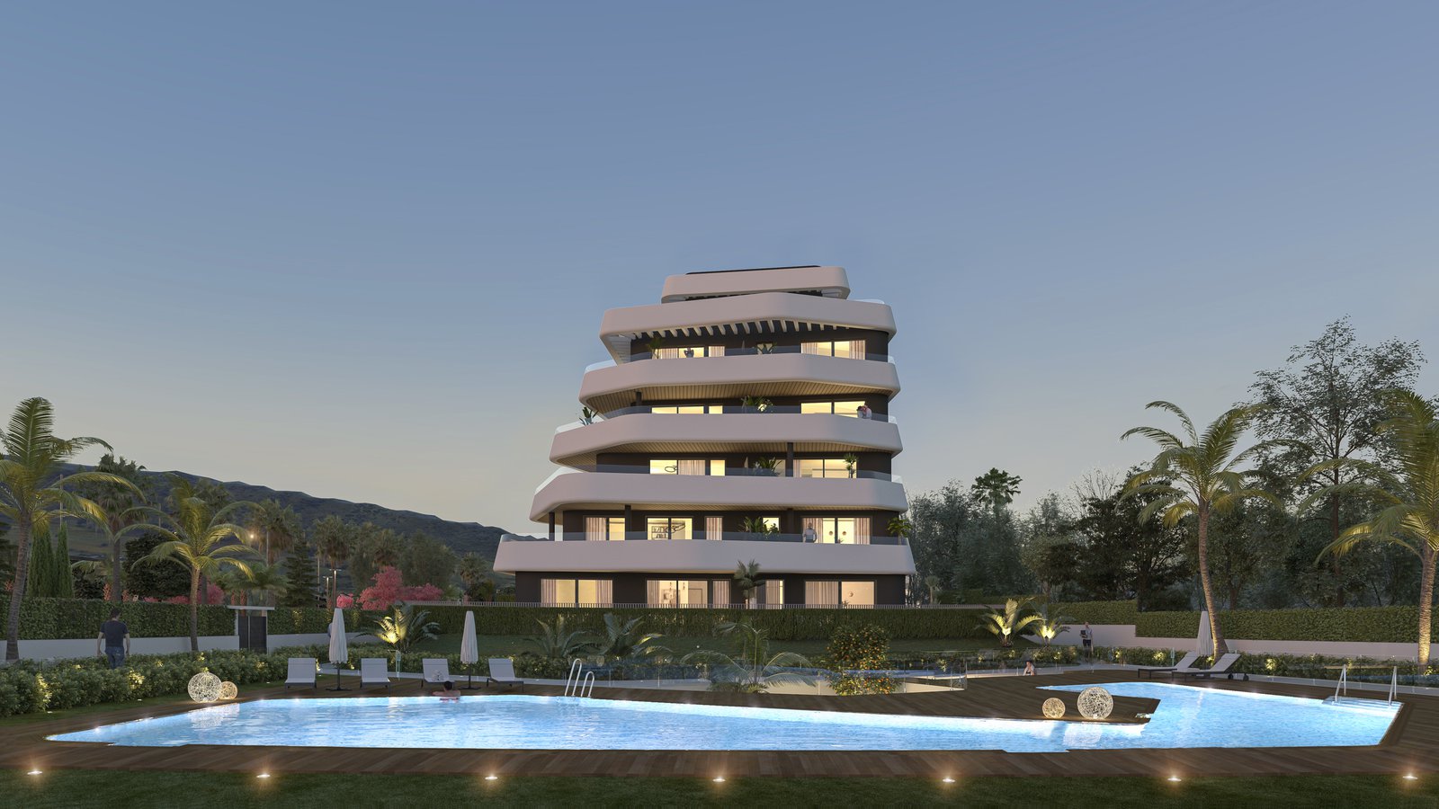 The pool lit at dusk in the developer’s drawing, with one of the buildings and the hills behind it. Alborán Bora, Los Álamos, Torremolinos.