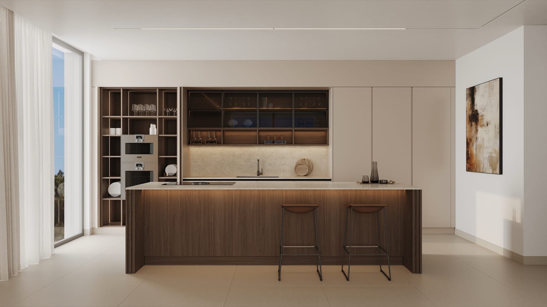 A kitchen with a timber island and tall units, in the developer’s drawing. Alcántara del Mar, San Pedro de Alcántara, Marbella.