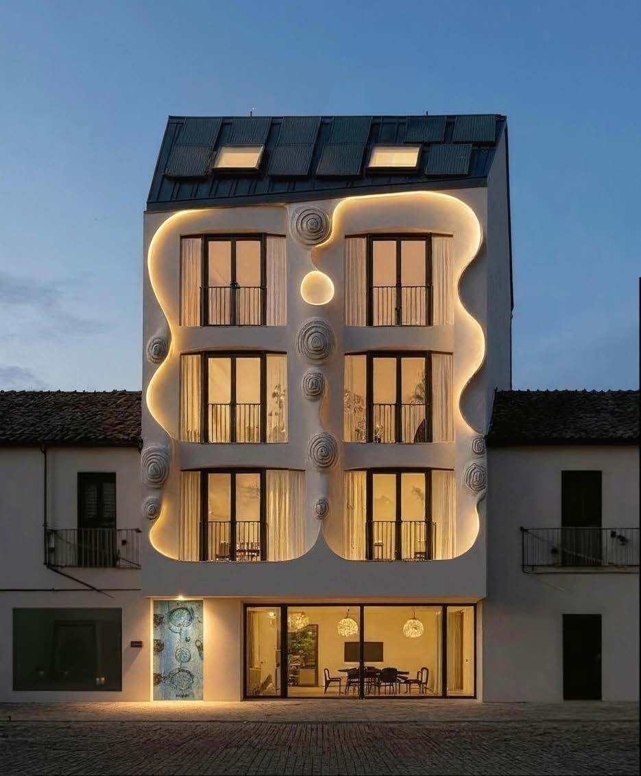 The front of the building at night, with the curved white façade lit from inside and the ground-floor space open to the street. Alma Real 140, Calle Real, Estepona.