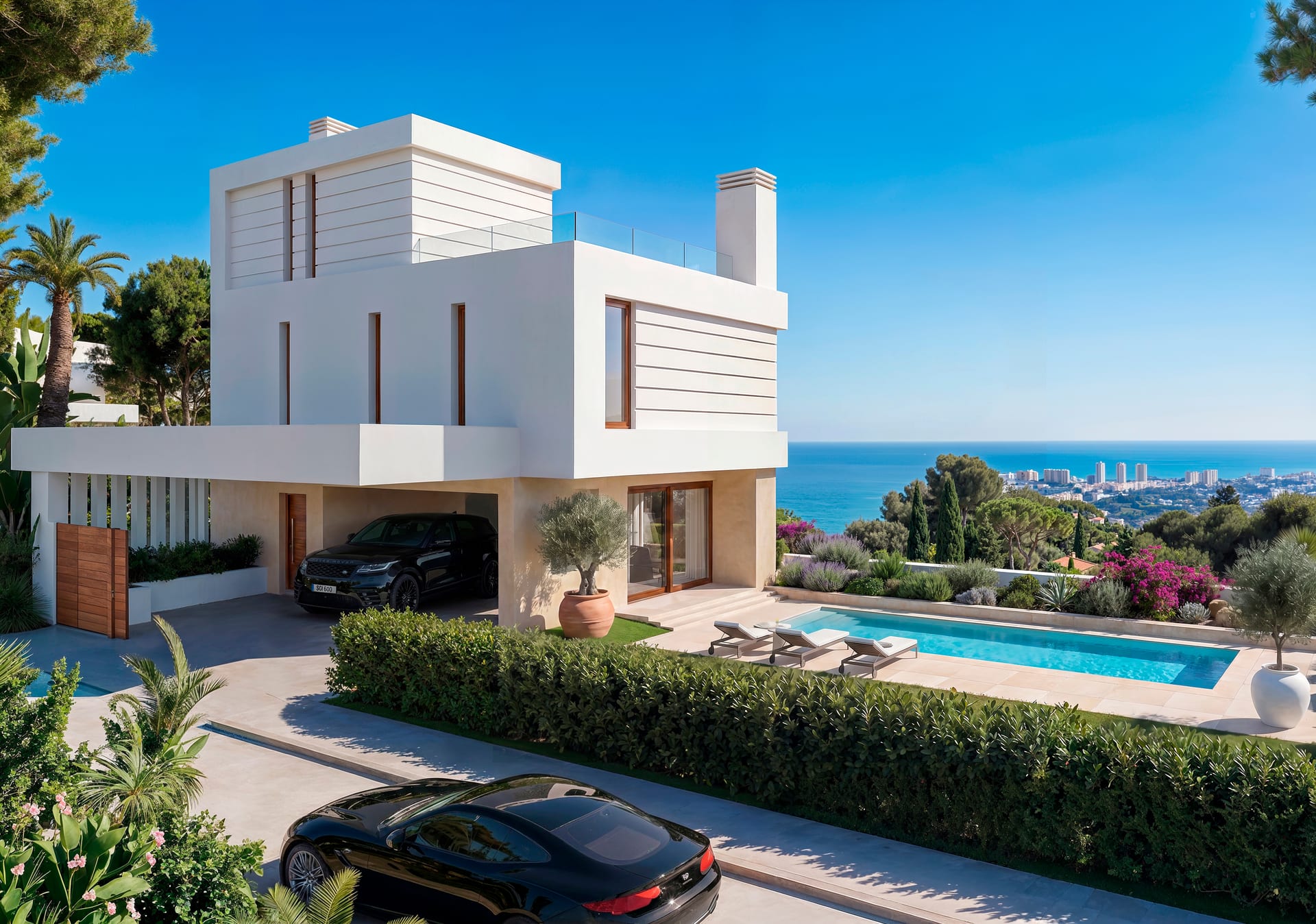 One of the upper villas from the street, with the covered parking beside the front door, the pool and loungers in the garden, and the sea and the coast beyond. Almara Villas, Torreblanca, Fuengirola.
