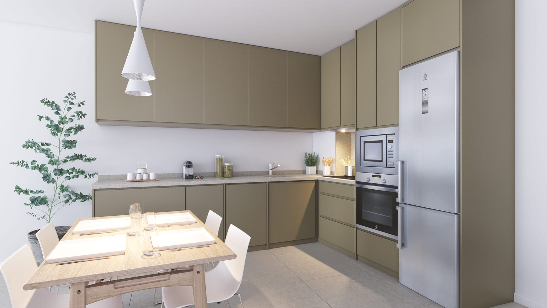 The kitchen, fitted with taupe wall and base units, a pale quartz worktop and a stainless steel fridge freezer. Amphora Beach Residence, La Chullera, Manilva.