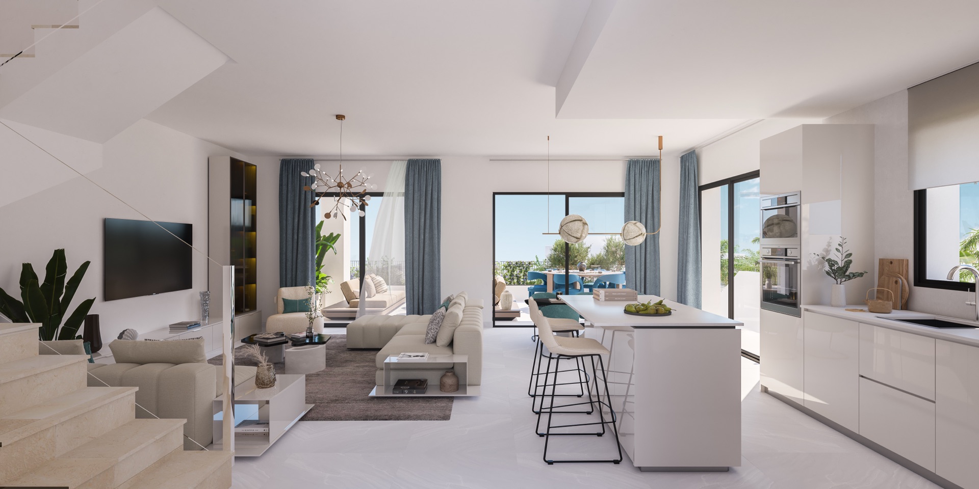 A living room open to the kitchen, with a breakfast bar and glass doors to the garden. Apron Estepona, Estepona Golf, Estepona.