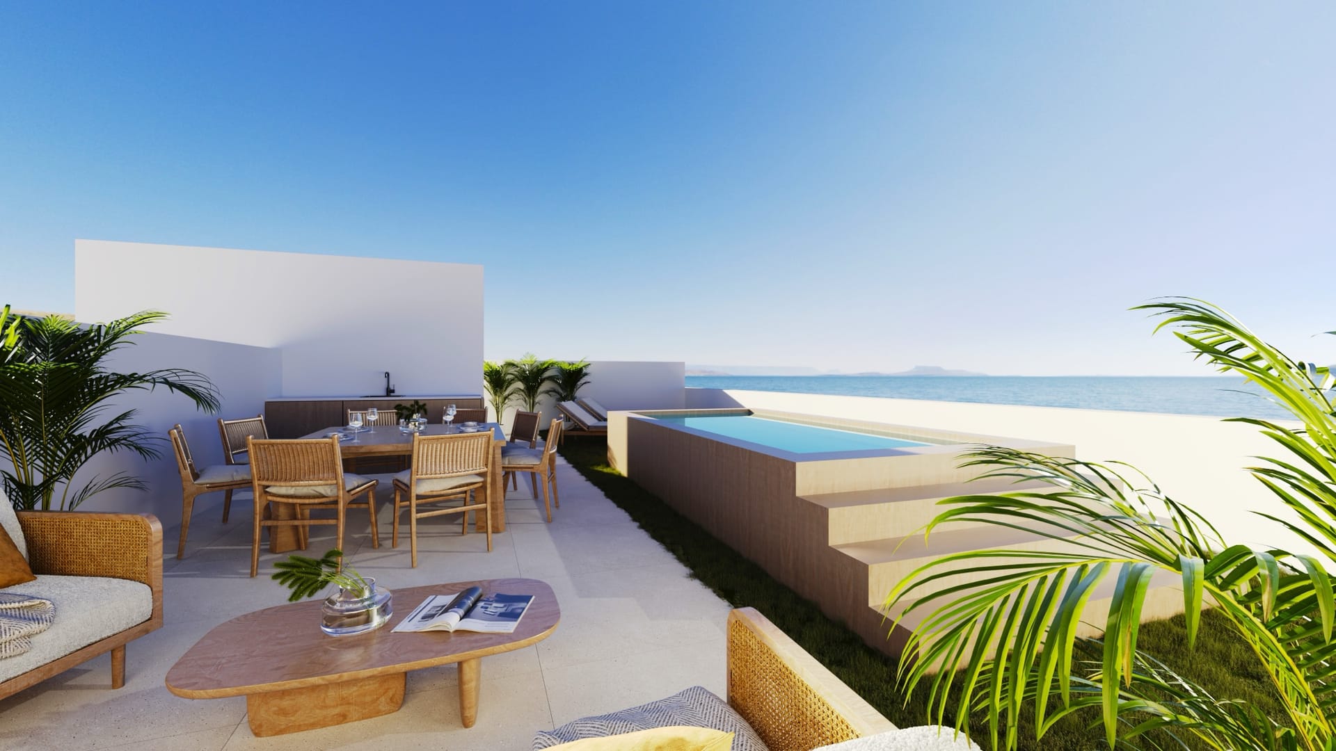 The roof solarium of a duplex penthouse, drawn with the optional private pool and a view of the sea. Armonía, San Pedro de Alcántara, Marbella.