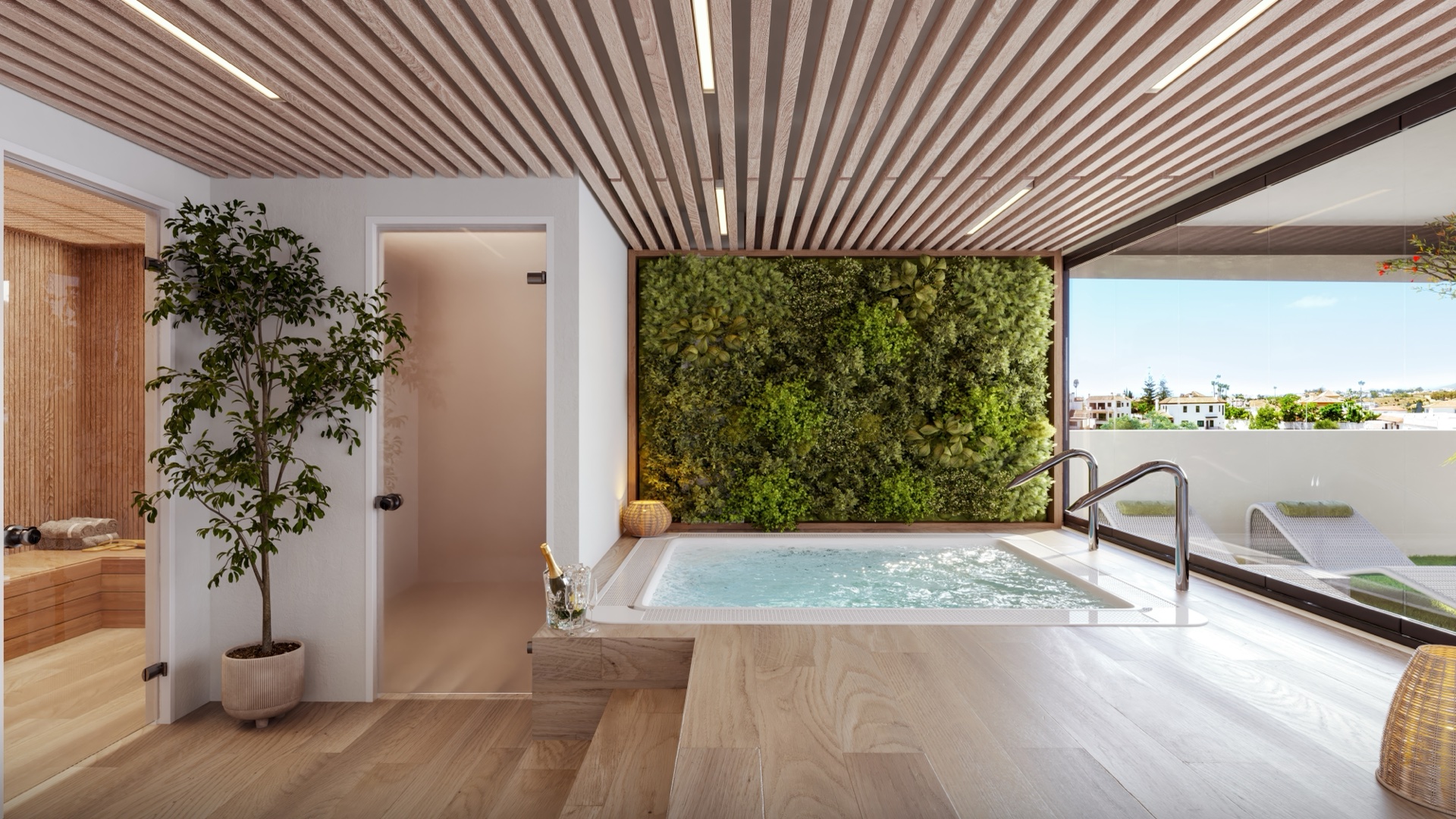 The jacuzzi in the spa, set beside a wall of living planting. Astra Homes, Los Pacos, Fuengirola.
