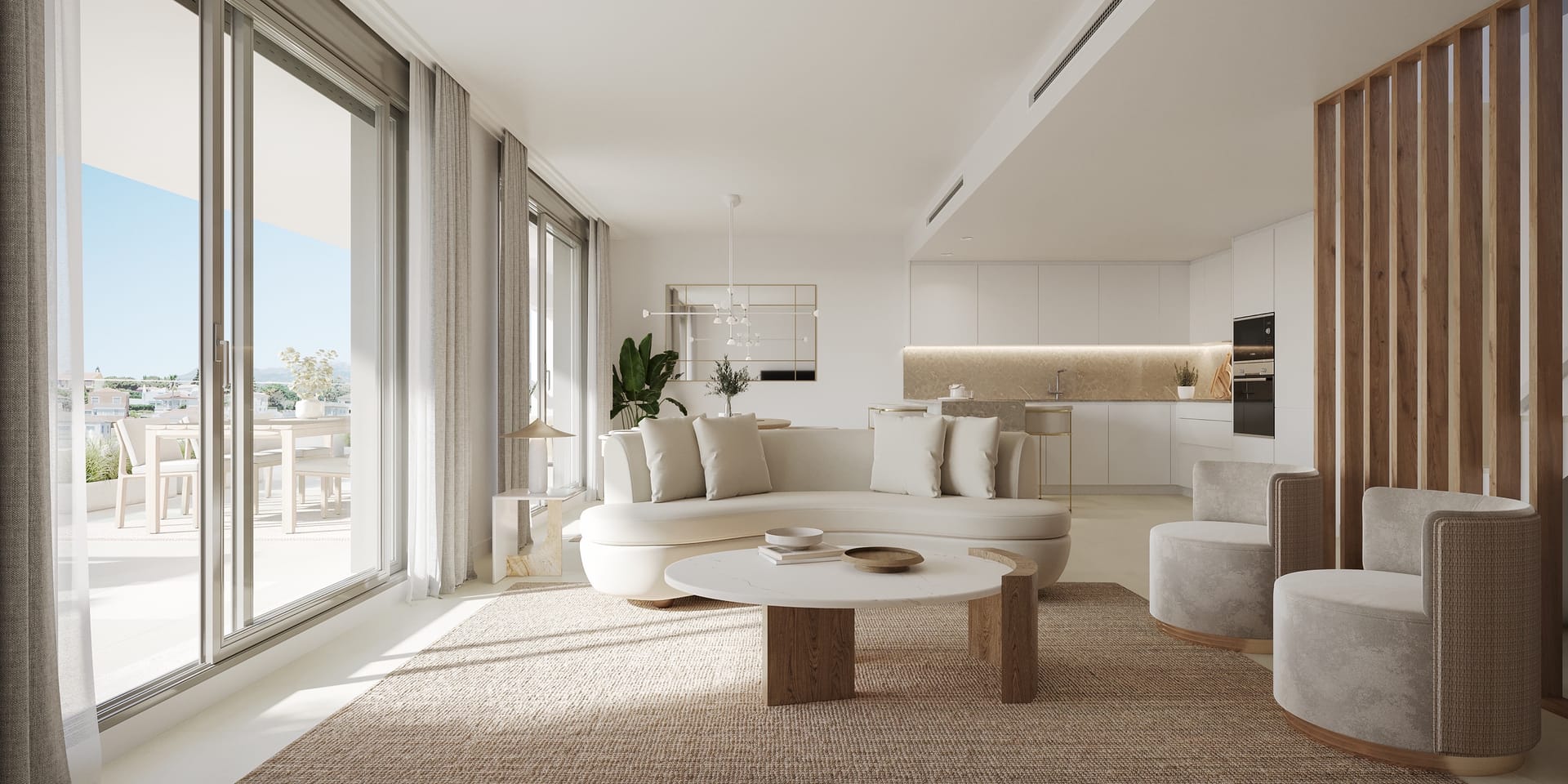 A living room with a curved sofa and a slatted wooden screen, the kitchen behind and glass doors to the terrace. Azure Estepona, La Gaspara, Estepona.