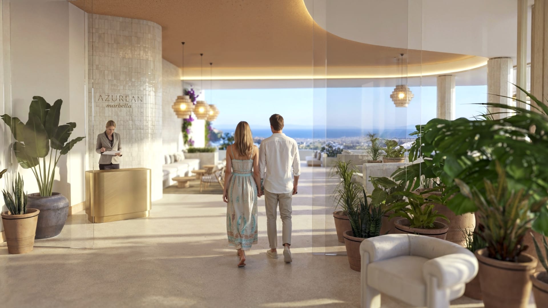 The reception, with a terrace and a view to the sea through the far doors. Azurean Marbella, La Reserva de Alcuzcuz, Benahavís.