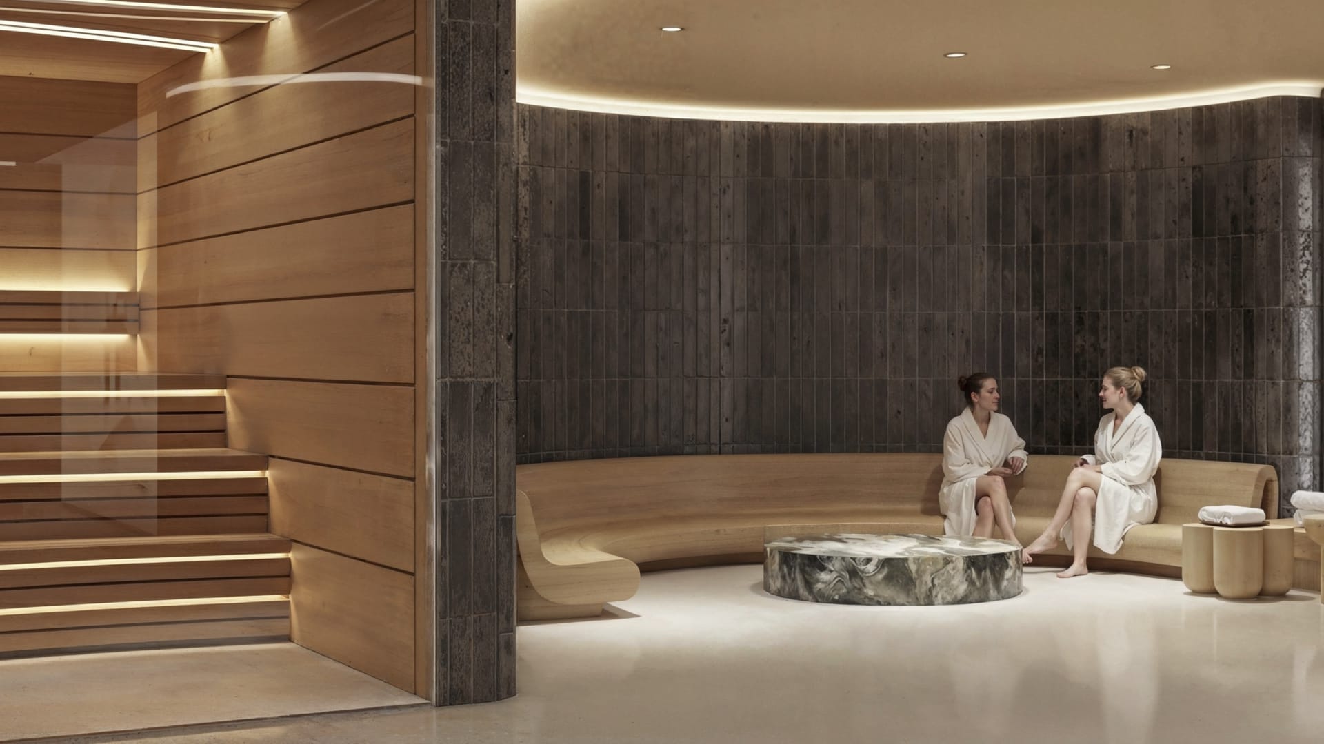 A seating area in the spa, beside the sauna. Azurean Marbella, La Reserva de Alcuzcuz, Benahavís.