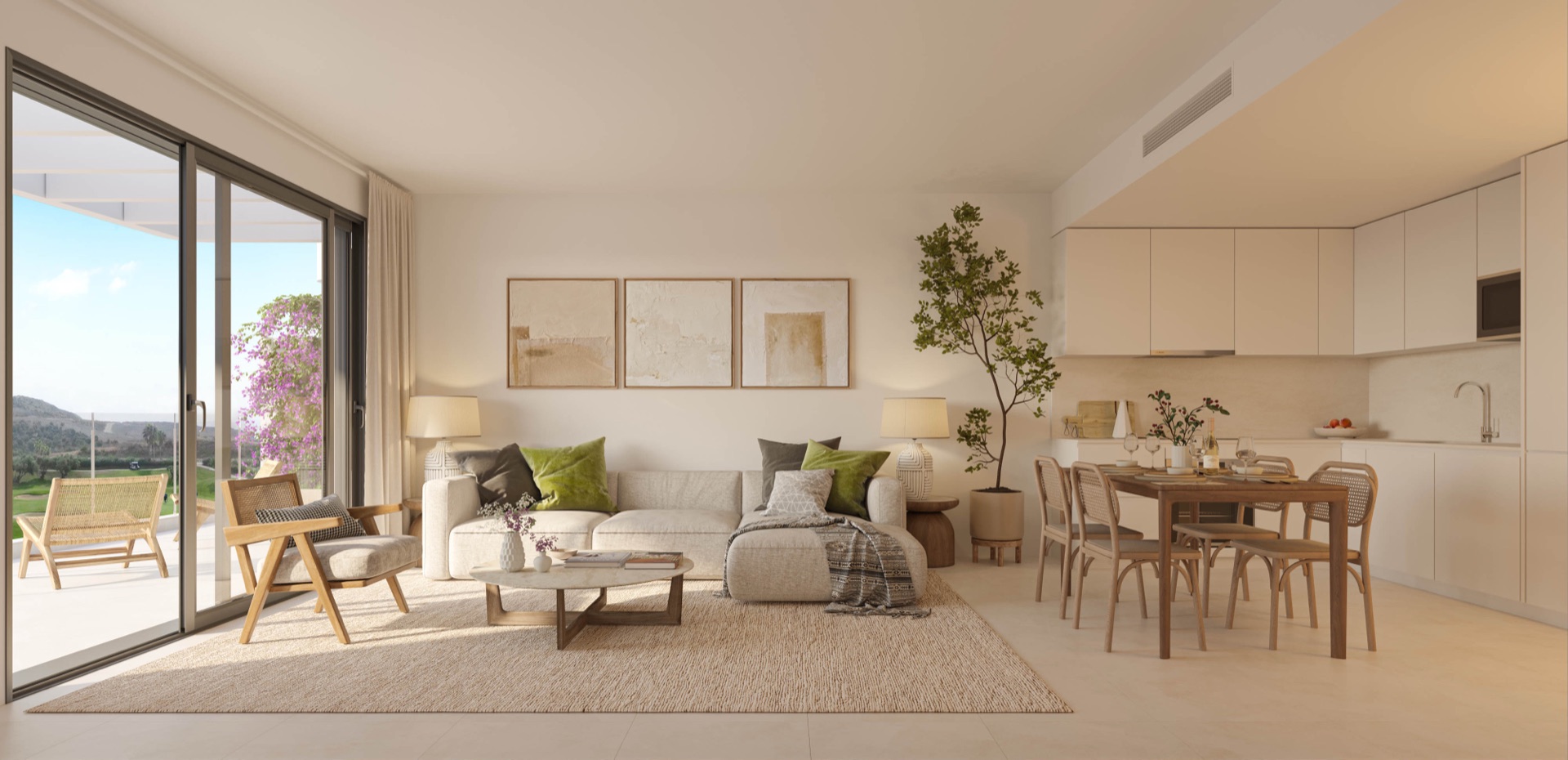 A living room open to the kitchen, with sliding glass doors along one side. Bahía, La Cala de Mijas, Mijas.