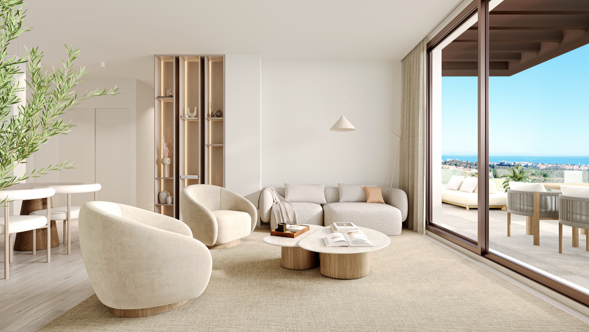 The living room, opening onto a terrace with the sea in the distance. Balance Nova, Hipódromo, Mijas.