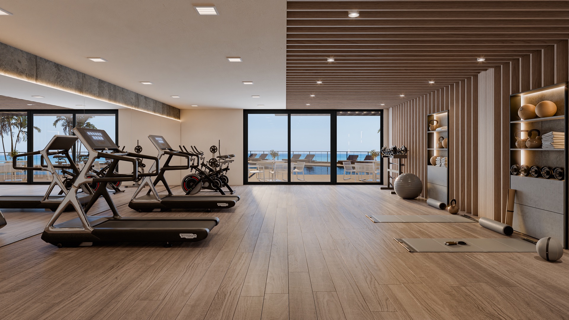 The gym, looking out past the pool terrace to the sea. Balance, Hipódromo, Mijas.