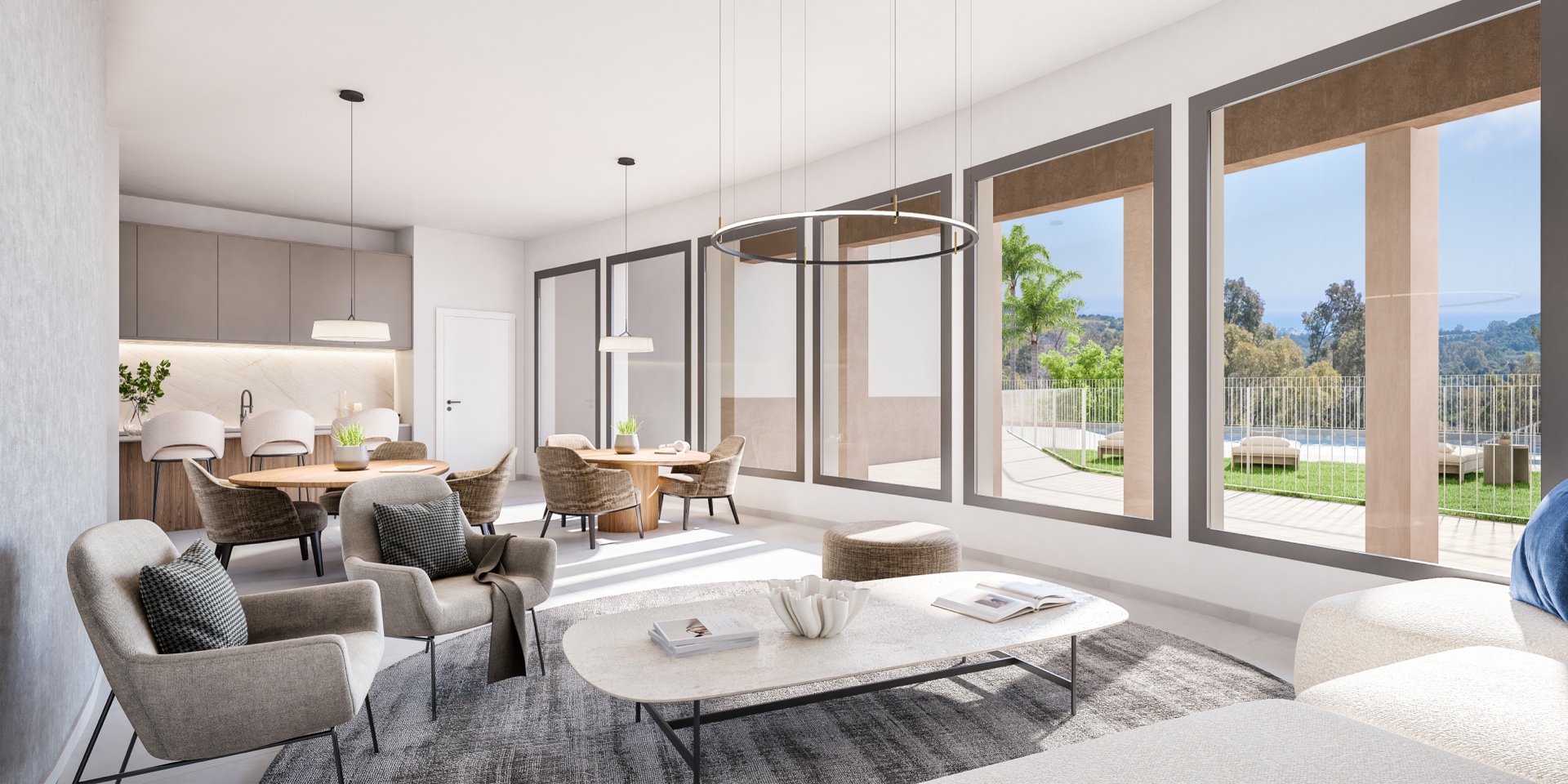 The residents’ social club, with the ground-floor pool visible through the window. Birdie Hills, Estepona Golf, Estepona.