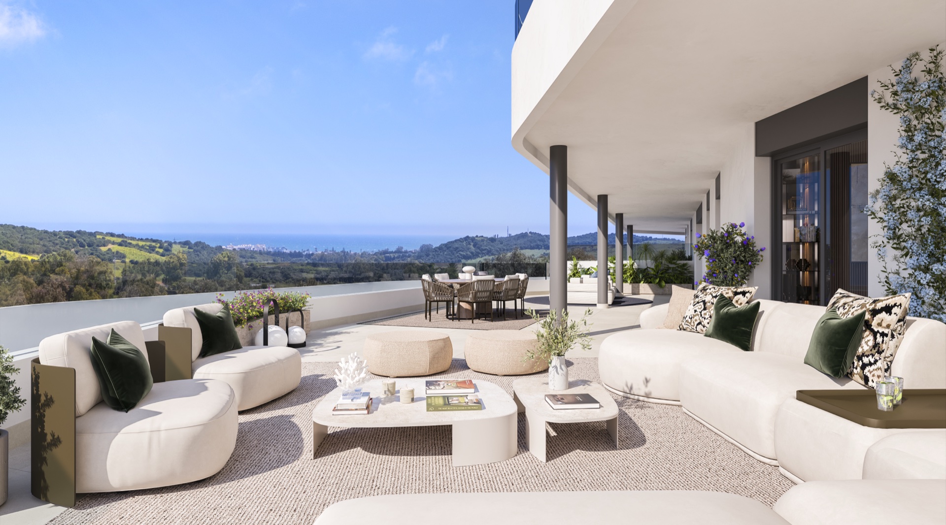 The curve of the building itself, seen from one of its terraces, with the sea beyond. Birdie Hills, Estepona Golf, Estepona.
