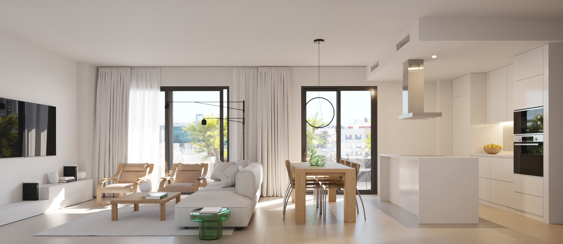 A living room running through to the kitchen along one wall, with the terrace beyond the glass. Biznaga, Las Lagunas, Mijas.
