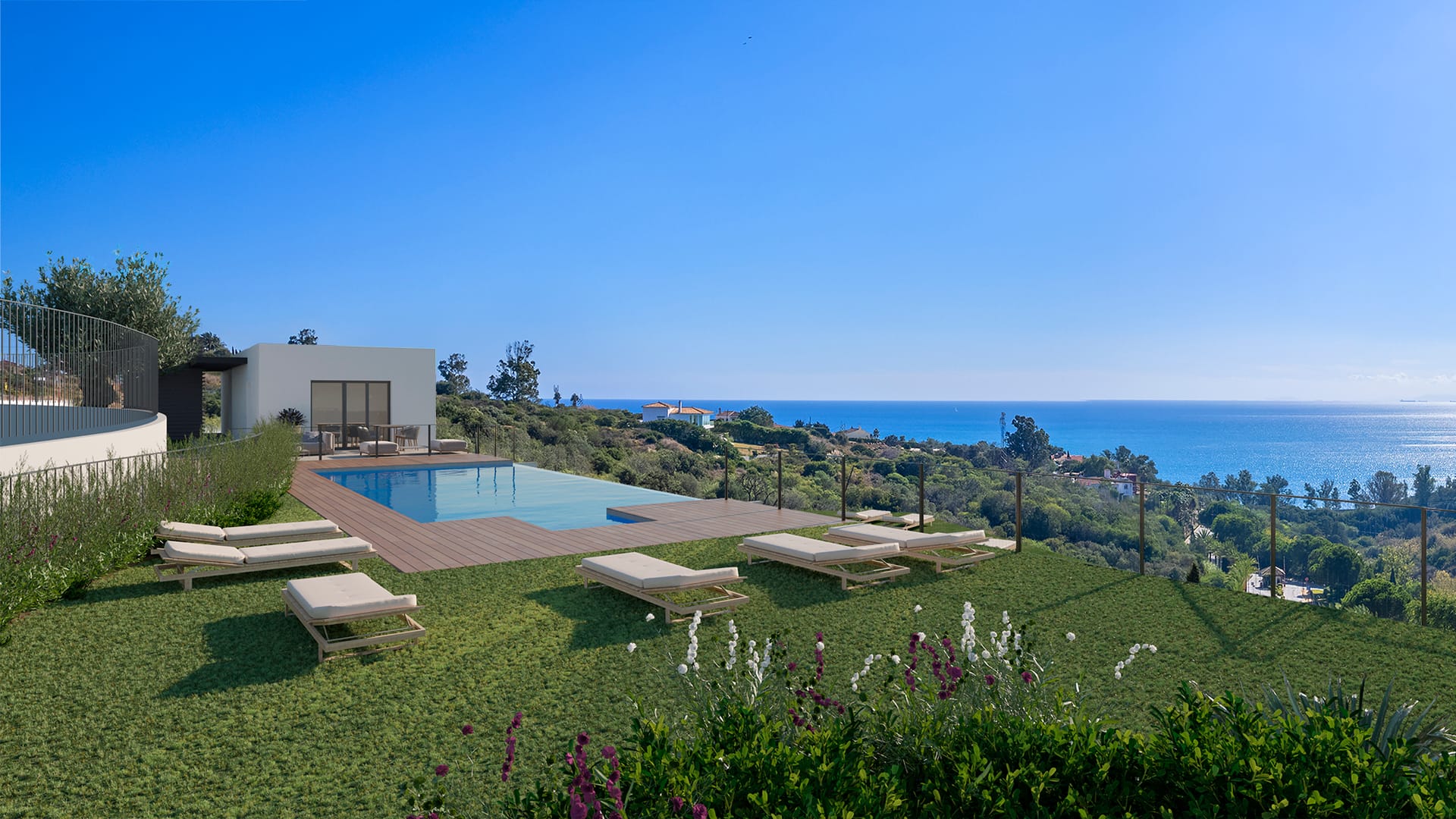 A view of the shared pool, drawn before building began, with a timber deck, sun loungers on the lawn and the sea beyond. Blue View Heights, La Chullera, Manilva.