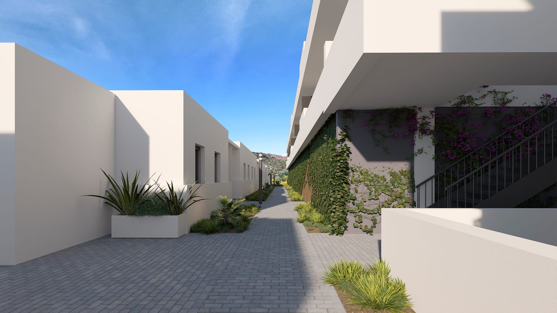 A view of a paved path between two rows of homes, with planting along both sides and climbing plants on the walls. Blue View Heights, La Chullera, Manilva.
