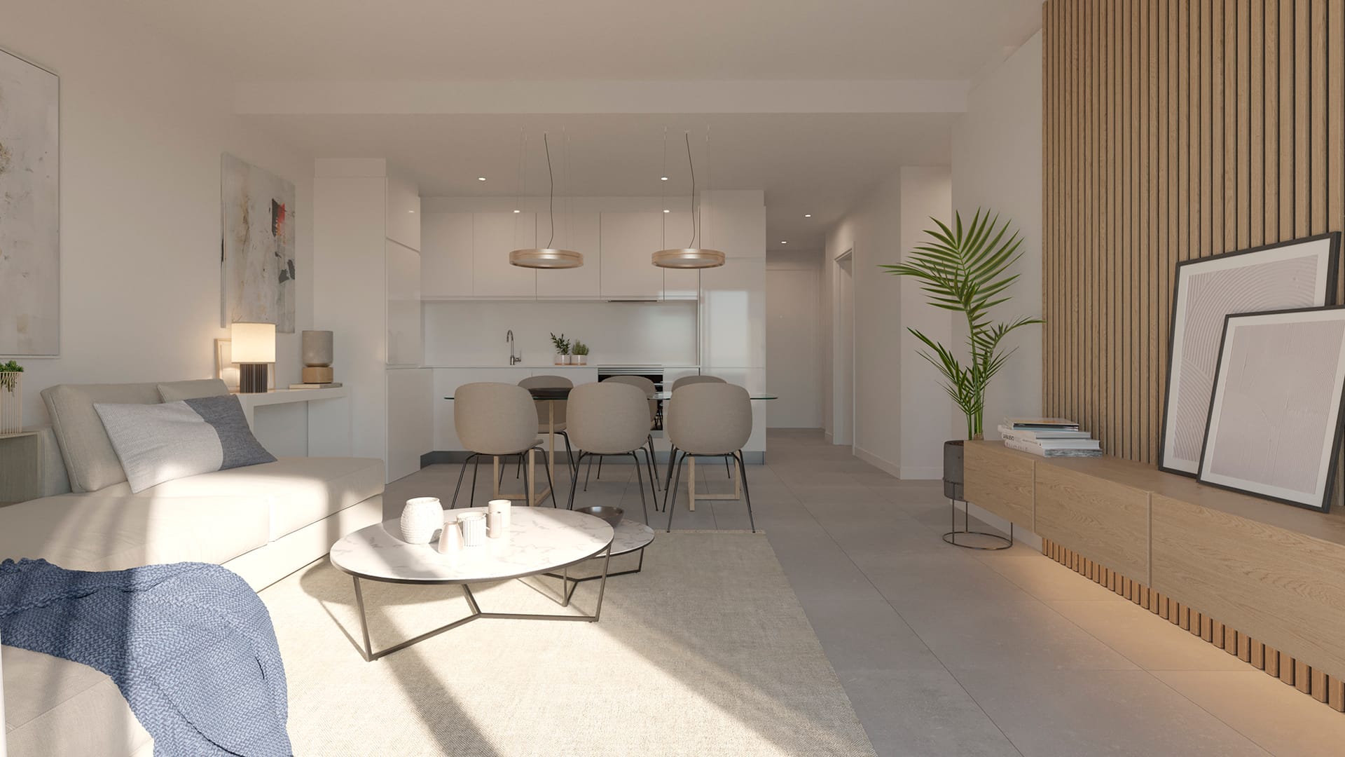 A view of a living room as the developer drew it, looking past the dining table to a white fitted kitchen. Blue View Heights, La Chullera, Manilva.