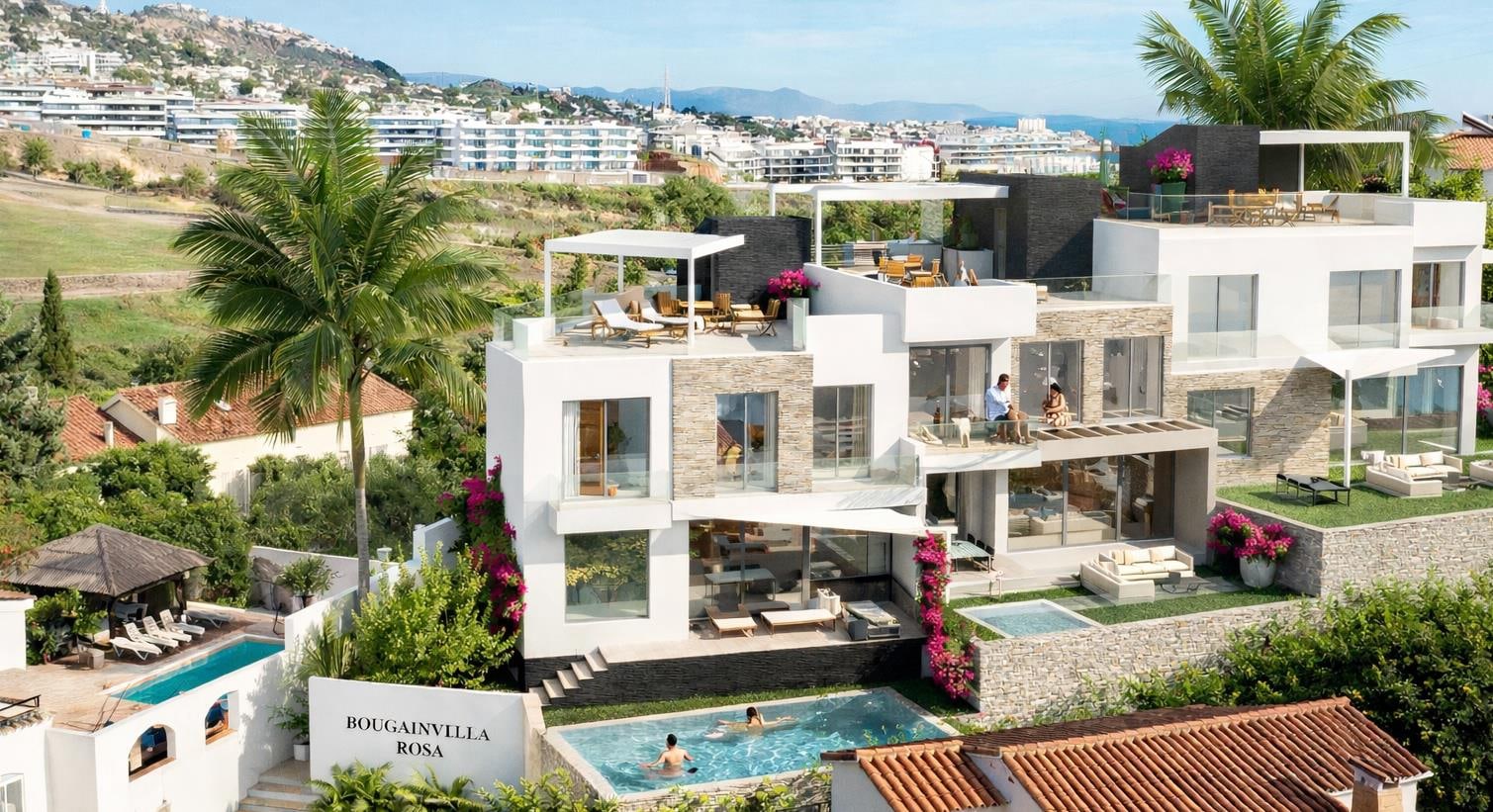 The villas from the garden side, stepped down the hillside, with pools in front and seating on the roof terraces. Bougainvillea Rosa, Torreblanca, Fuengirola.