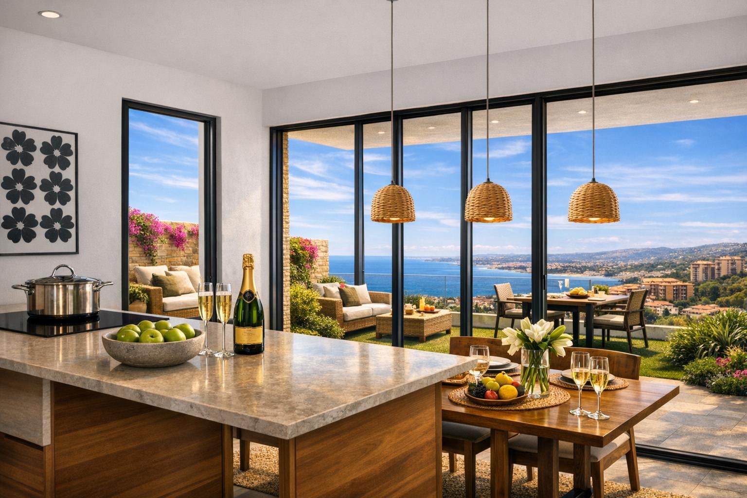 A kitchen island with a stone top, beside sliding glass doors that open onto a terrace with the sea beyond. Bougainvillea Rosa, Torreblanca, Fuengirola.