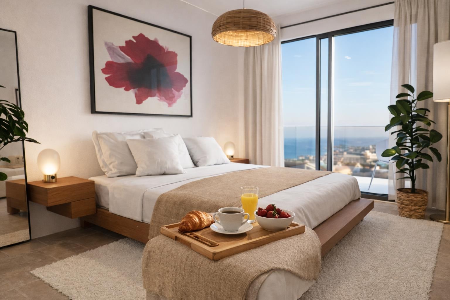 A bedroom with a low wooden bed, and a glass door onto a balcony that looks out to the sea. Bougainvillea Rosa, Torreblanca, Fuengirola.
