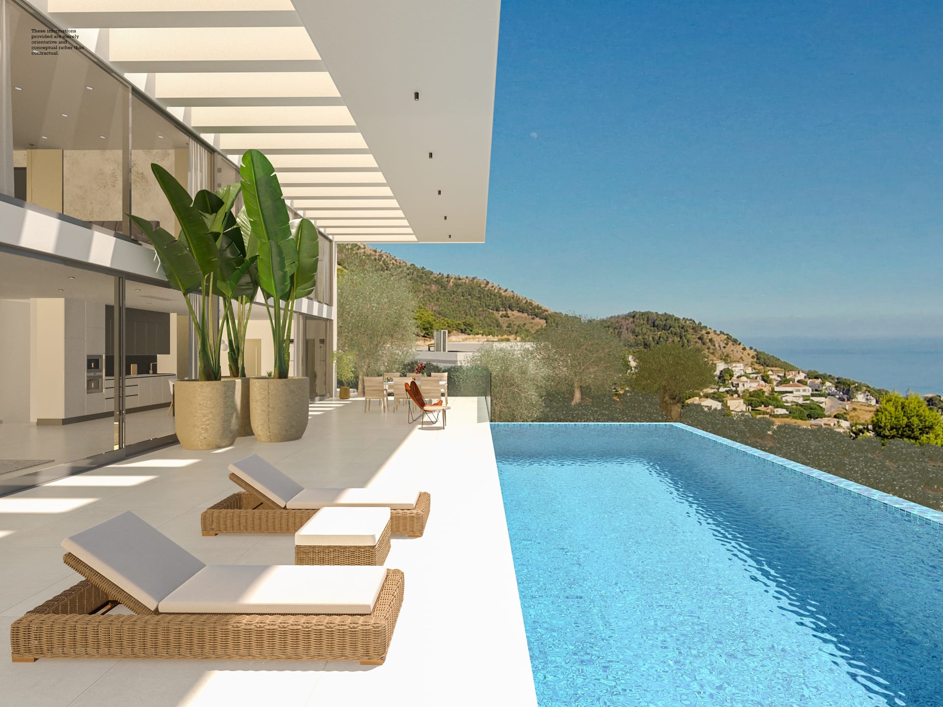 The infinity pool along the terrace, with loungers in front and the hillside running down to the sea beyond. BV11, Buenavista, Mijas.