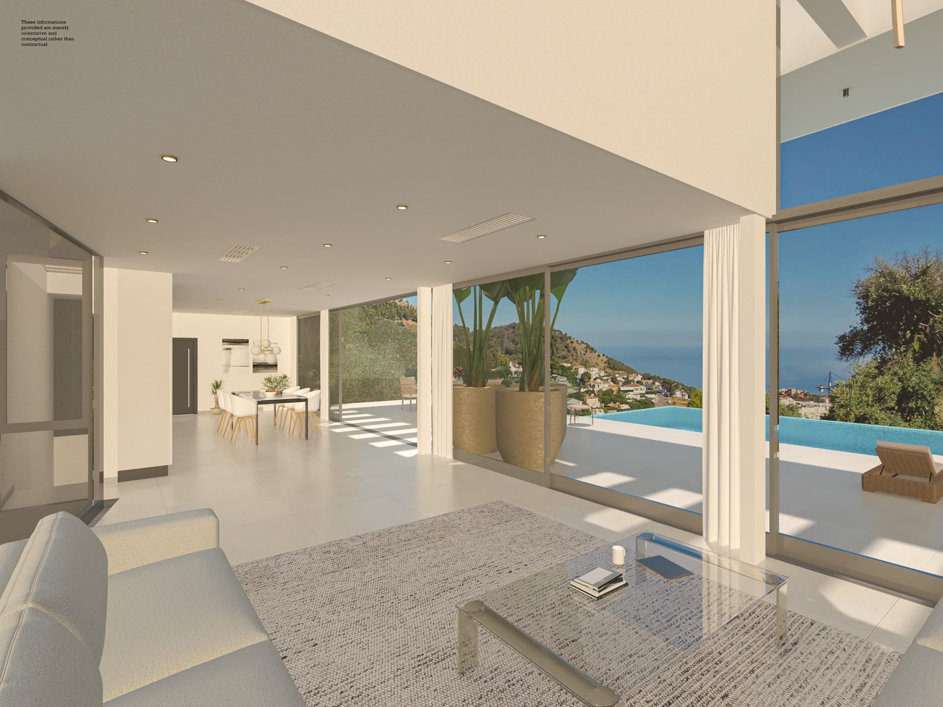The living room, with glass doors open onto the covered terrace and the pool, and the kitchen behind. BV11, Buenavista, Mijas.