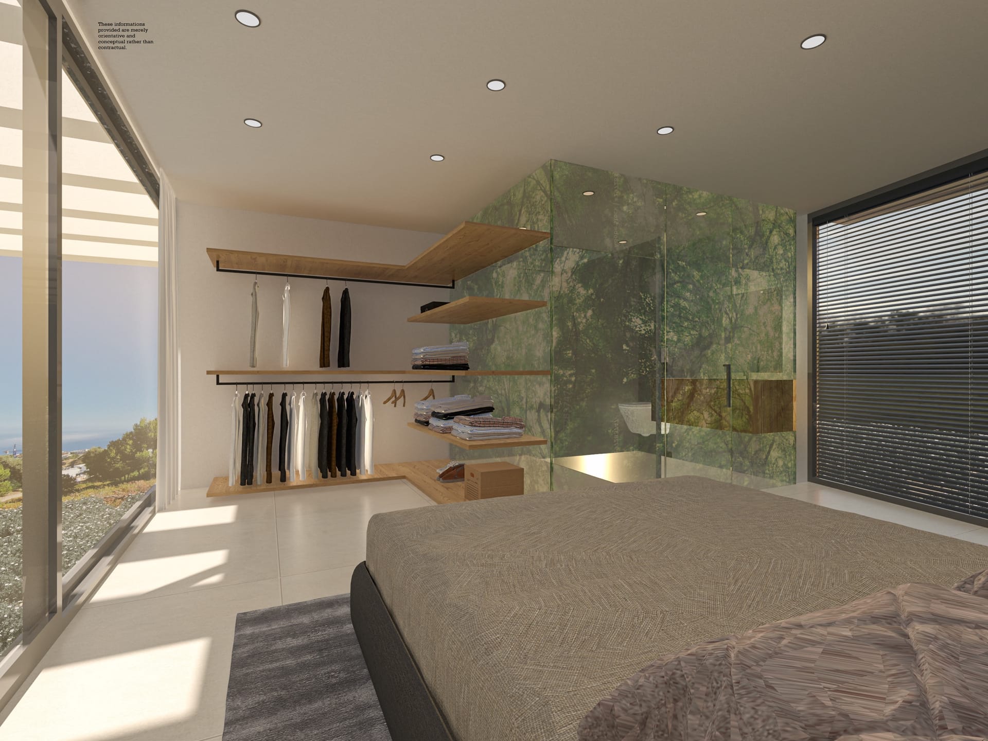 The main bedroom, with open wardrobe shelving beside the bed and a glass wall looking out over the hillside to the sea. BV11, Buenavista, Mijas.