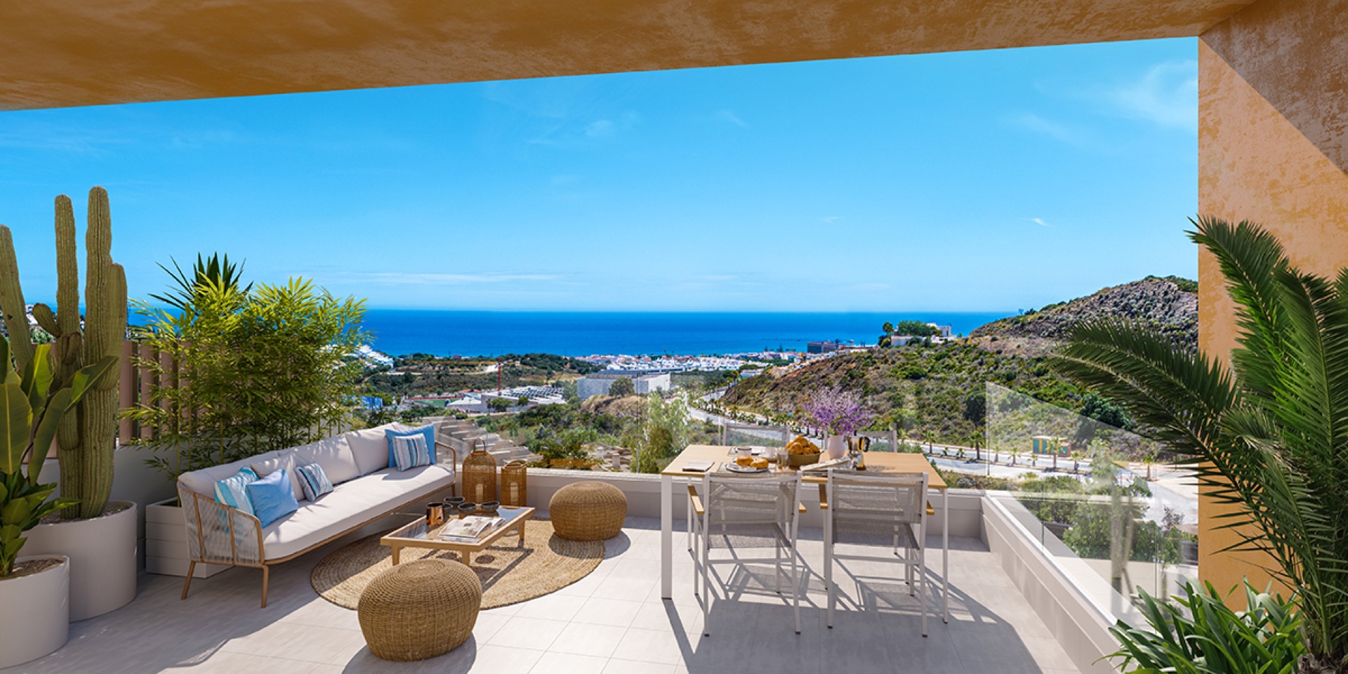 A terrace with a sea view, one of many across the scheme. Cala Serena Sun, Ensanche de La Cala, La Cala de Mijas.