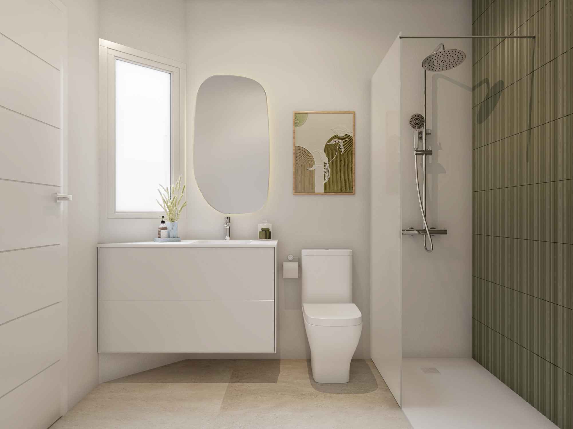 A bathroom with a white vanity unit and an oval mirror, and a walk-in shower with a glass screen against a wall of green tiles. Calle Independencia 5, Town centre, Fuengirola.