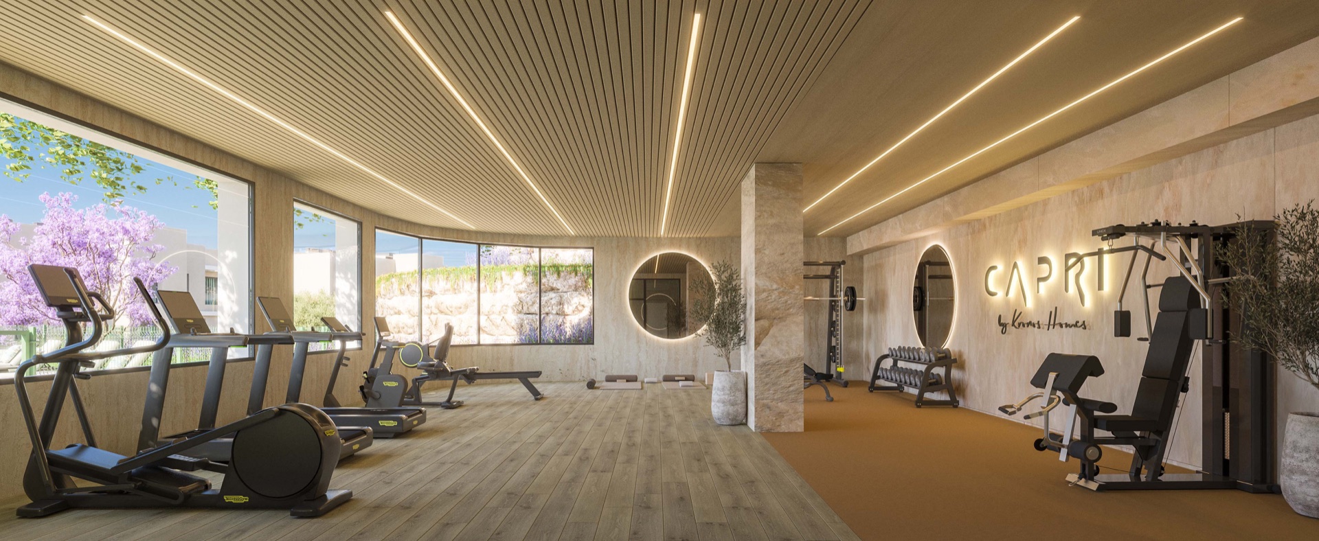 The gym, with machines and weights under a timber ceiling lined with lights. Capri, La Resina, Estepona.