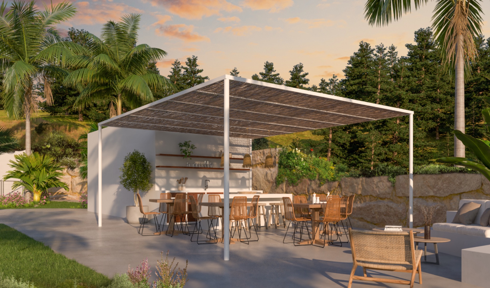 The chill-out zone, a covered outdoor kitchen and dining area among the pines. Célere Sunrise, El Chaparral, Mijas.