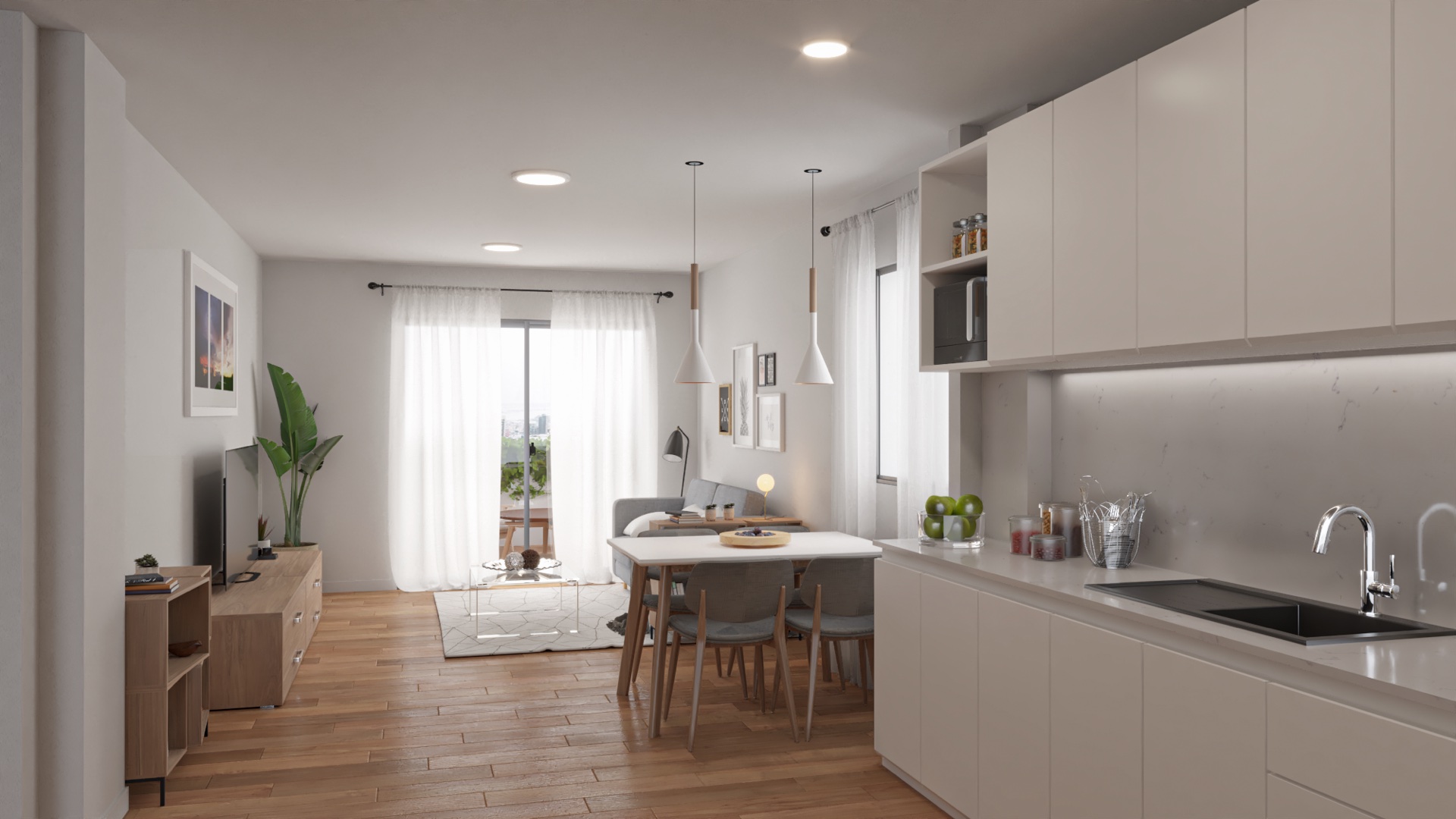 The kitchen, fitted along one wall in white units with a pale marble-effect worktop, open to the dining table and the living room. Coral Mijas Residencial, Riviera del Sol, Mijas.