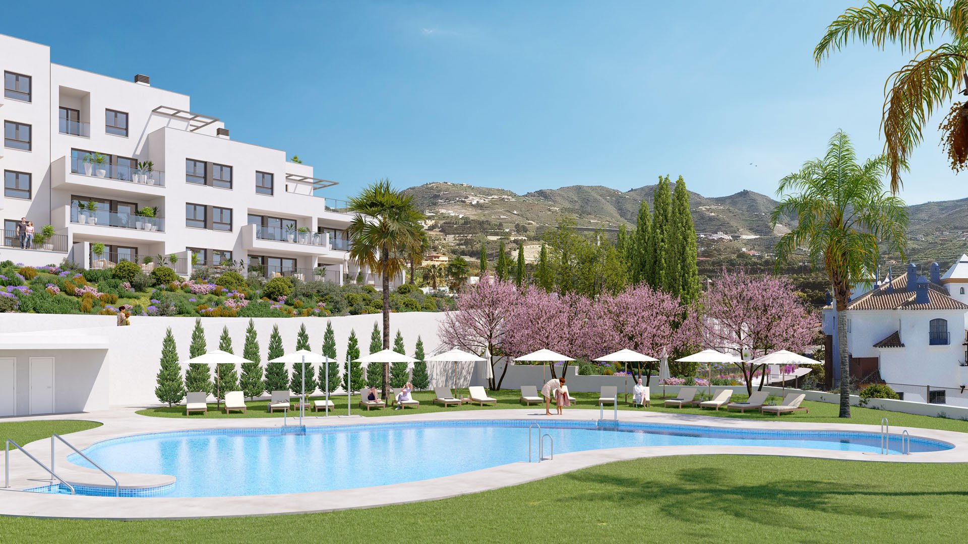 The communal pool, with the hills behind it. Costa Galera III, Velilla-Taramay, Almuñécar.