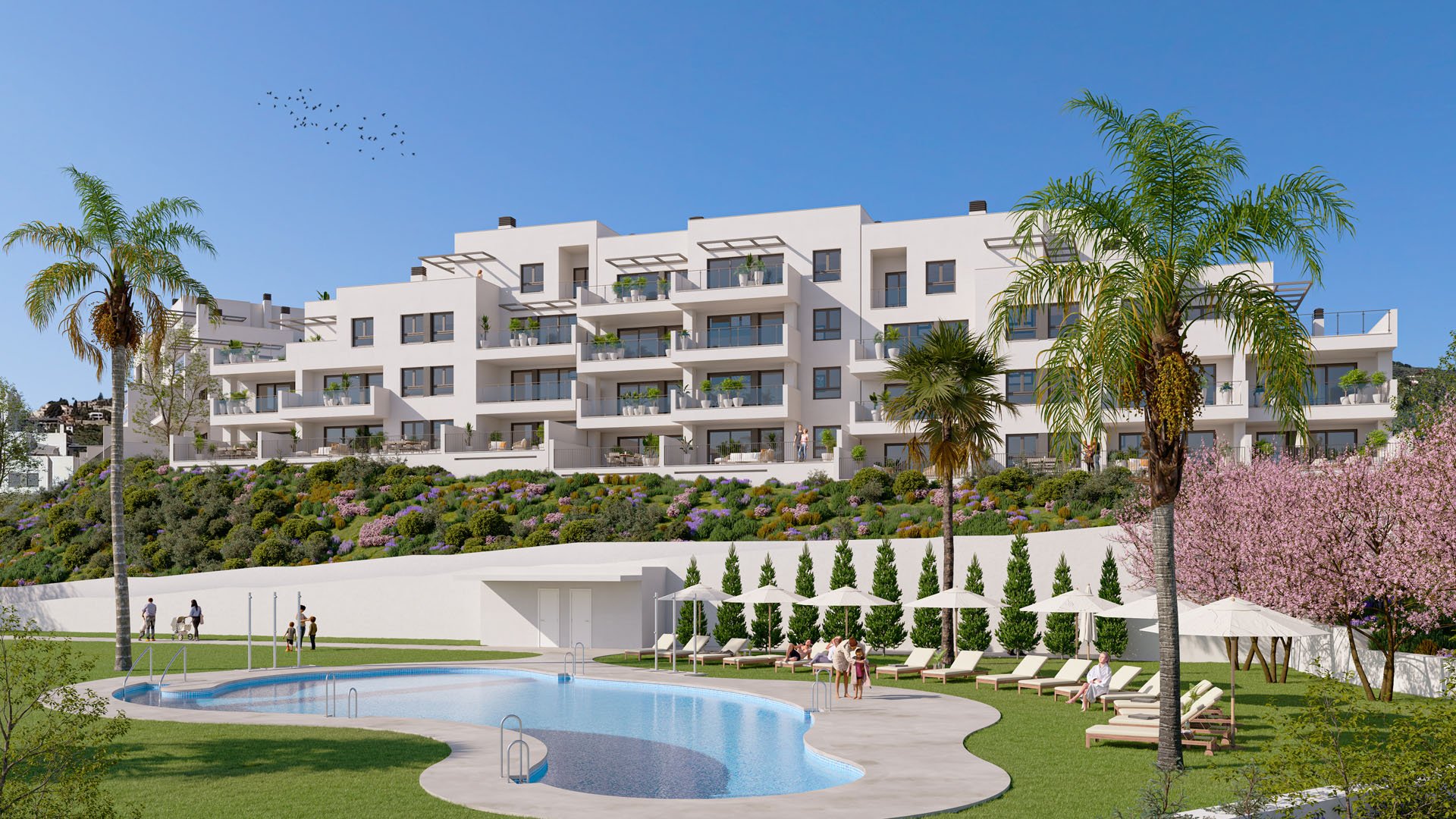 The pool seen from the lawn, with the apartments rising behind it. Costa Galera III, Velilla-Taramay, Almuñécar.