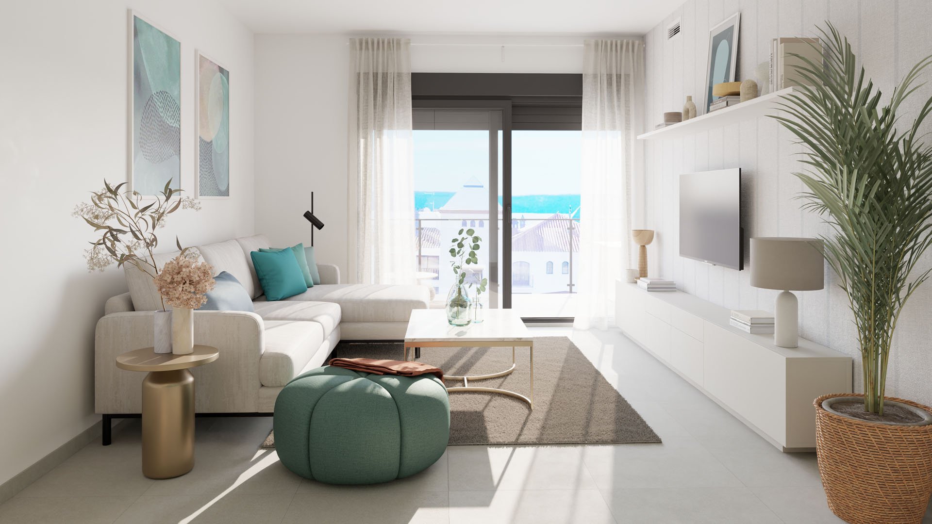The living room, with the sea beyond the balcony. Costa Galera III, Velilla-Taramay, Almuñécar.