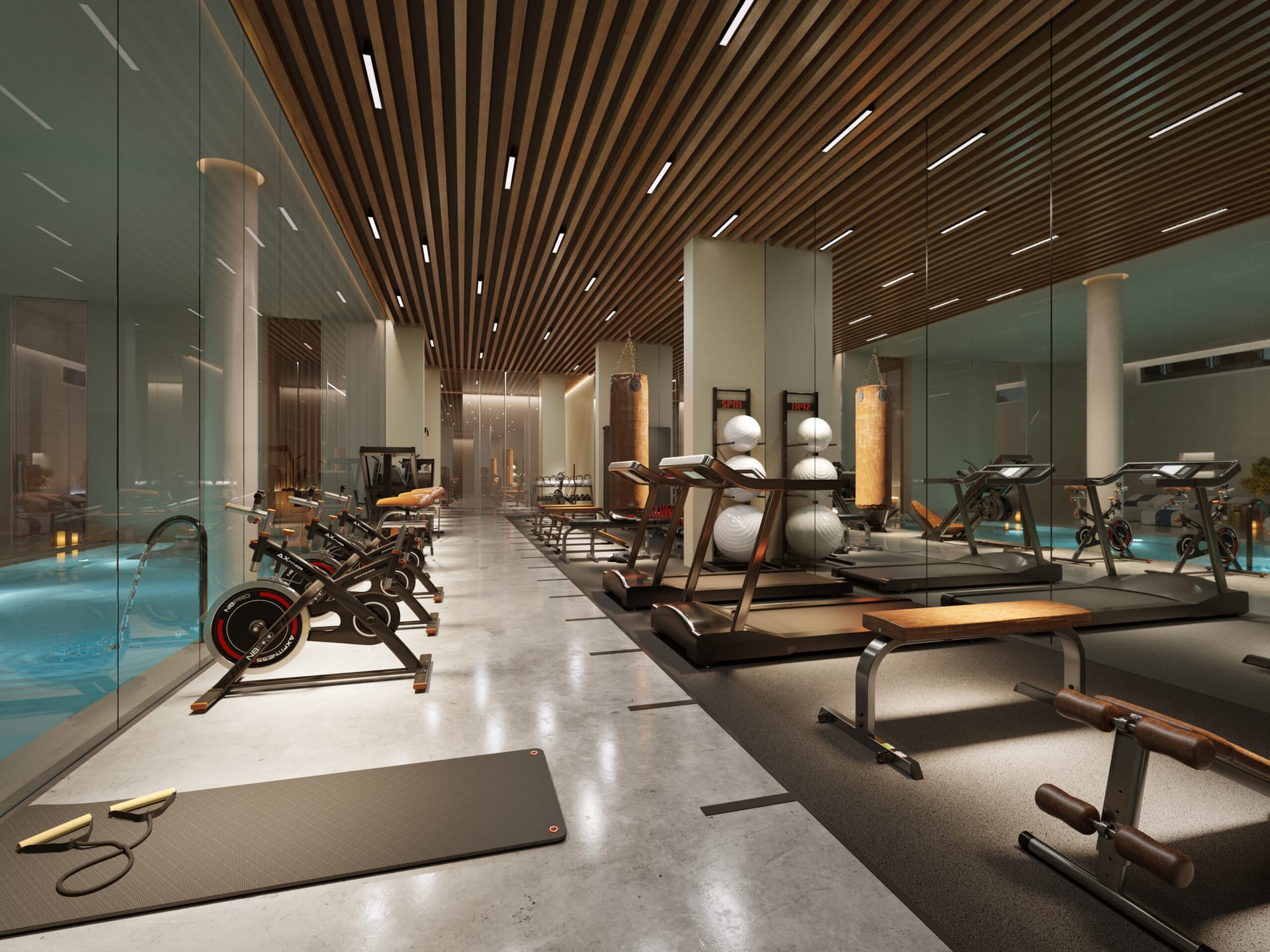 The gym, beside the indoor pool. Earth, Golden Mile, Marbella.