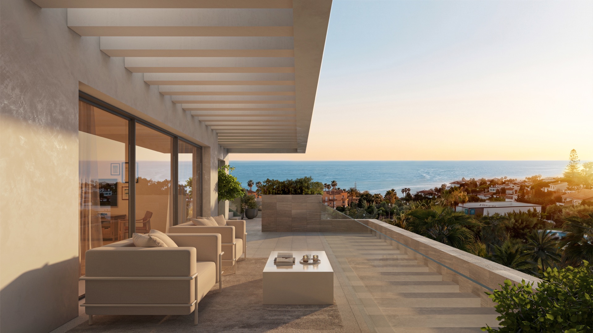 A terrace at sunset in one of the developer’s illustrations, with armchairs under a slatted canopy, sliding glass doors into the living room and the sea on the horizon. Equilibrio, Buenas Noches, Estepona.