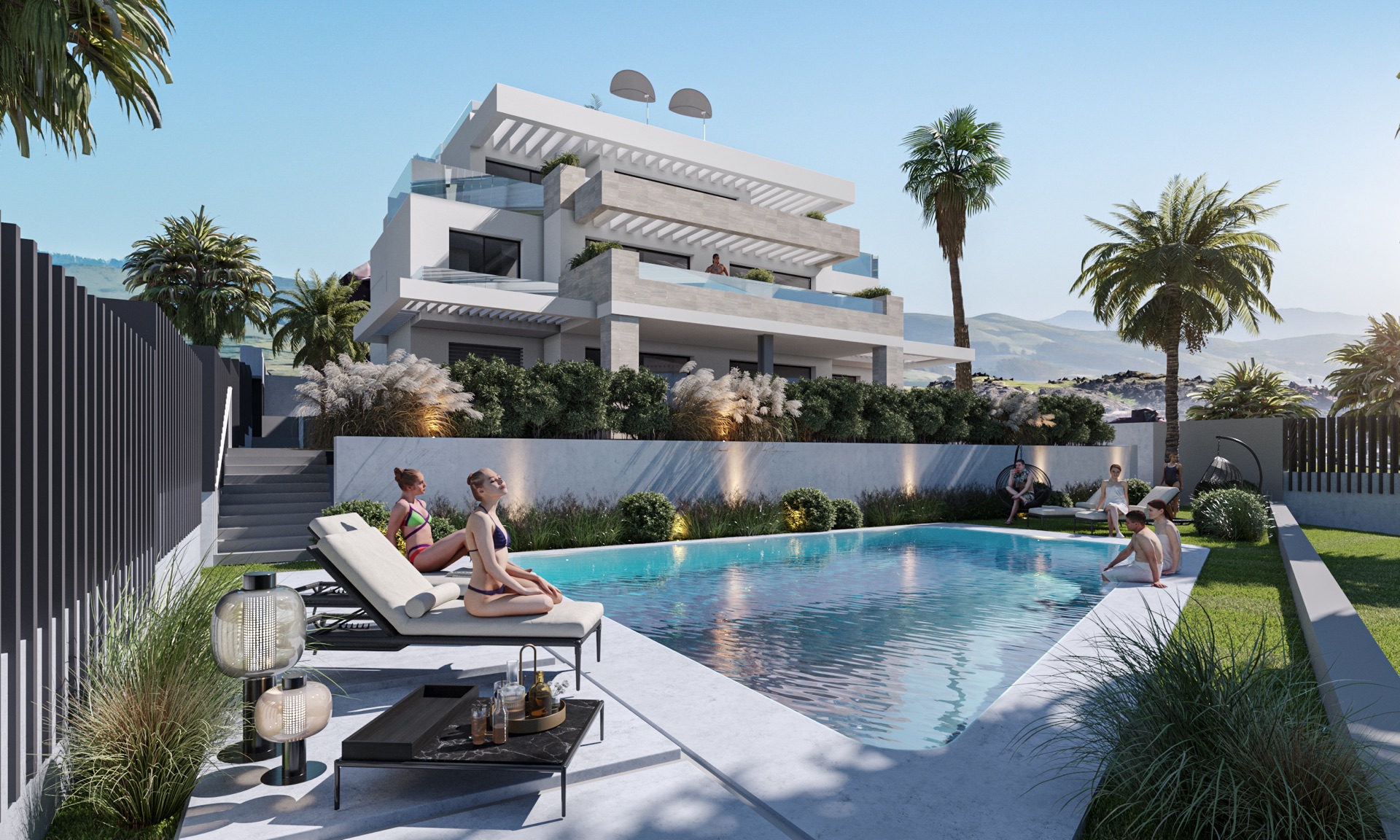 The shared pool in one of the developer’s illustrations, with loungers on the paved deck and one of the buildings above the planted wall behind it. Equilibrio, Buenas Noches, Estepona.