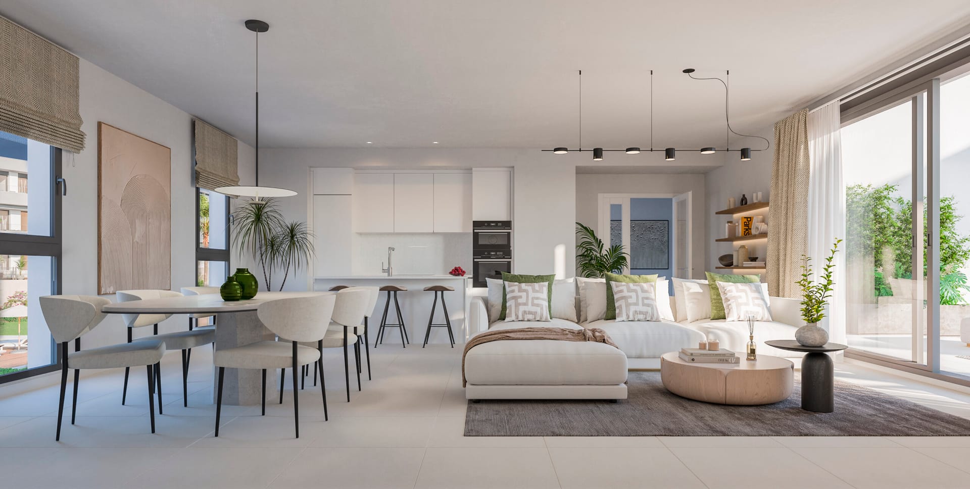 The living room, dining table and kitchen in one open space. Etherna Homes, Valle Romano, Estepona.