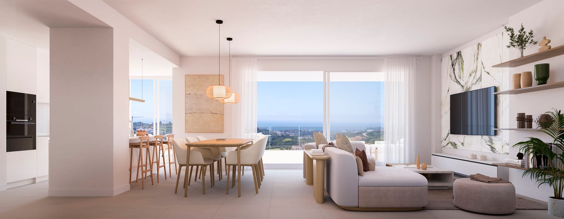 The open living and dining space, with a view of the sea through the glass. Etherna Homes II, Valle Romano, Estepona.