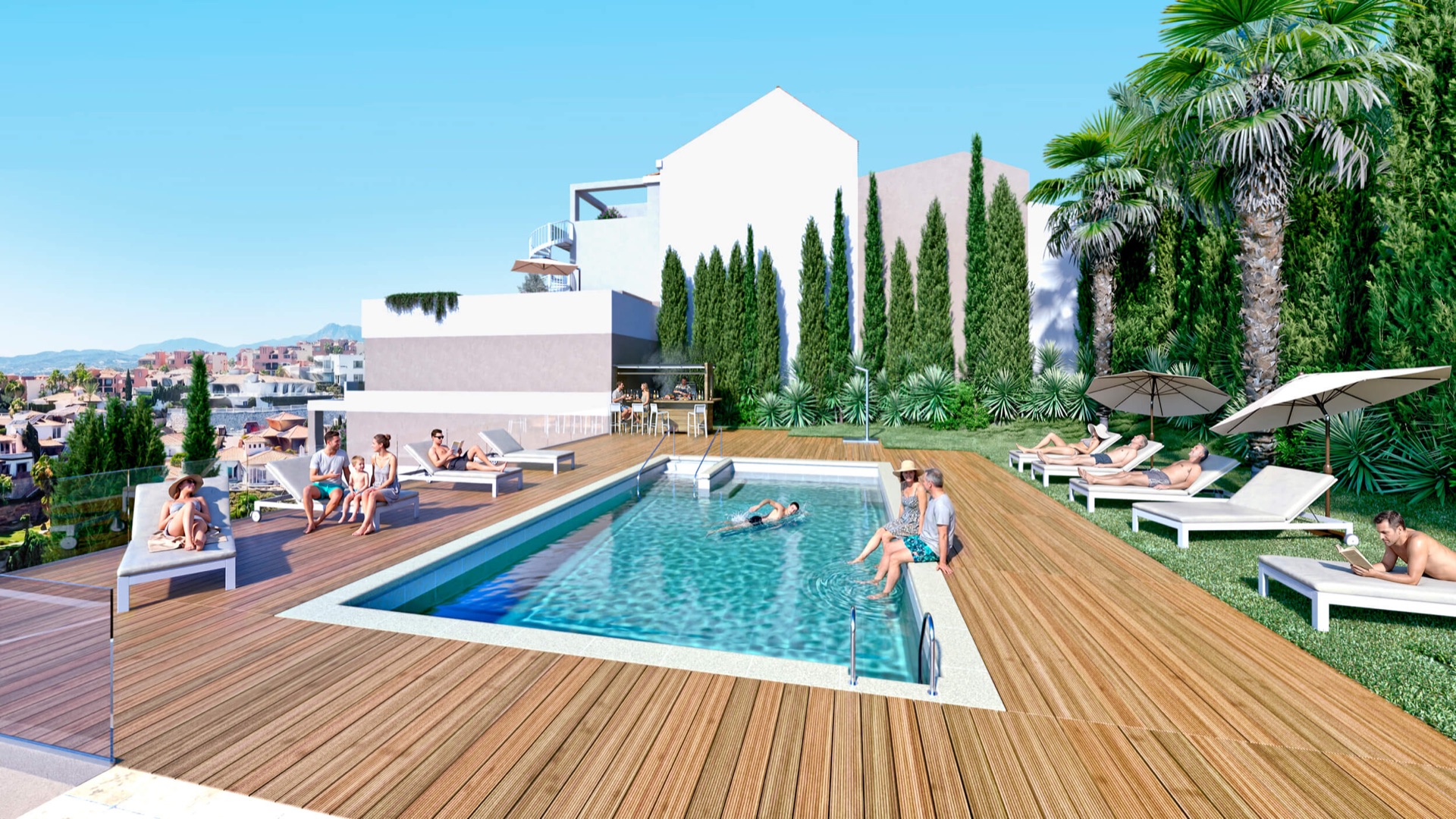 The communal pool as the developer illustrates it, with loungers on its timber deck and on the lawn beside it, and a bar counter under a pergola against the building. Residencial Golf View, Riviera del Sol, Mijas.