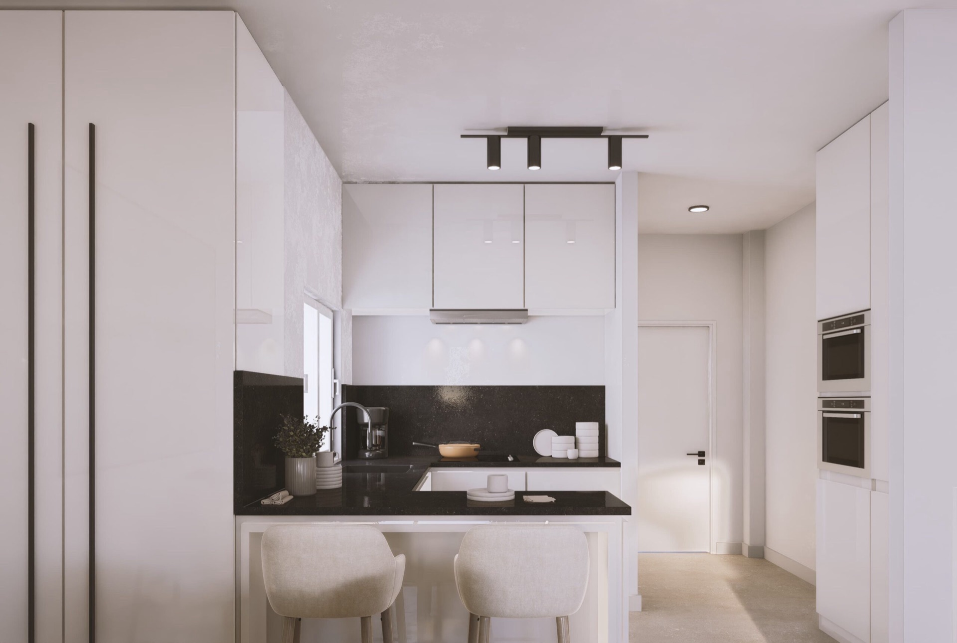 The kitchen in the developer’s illustration, with glossy white units, a black worktop and splashback, a breakfast bar with two stools, and the oven and microwave in the tall units on the right. Residencial Golf View, Riviera del Sol, Mijas.