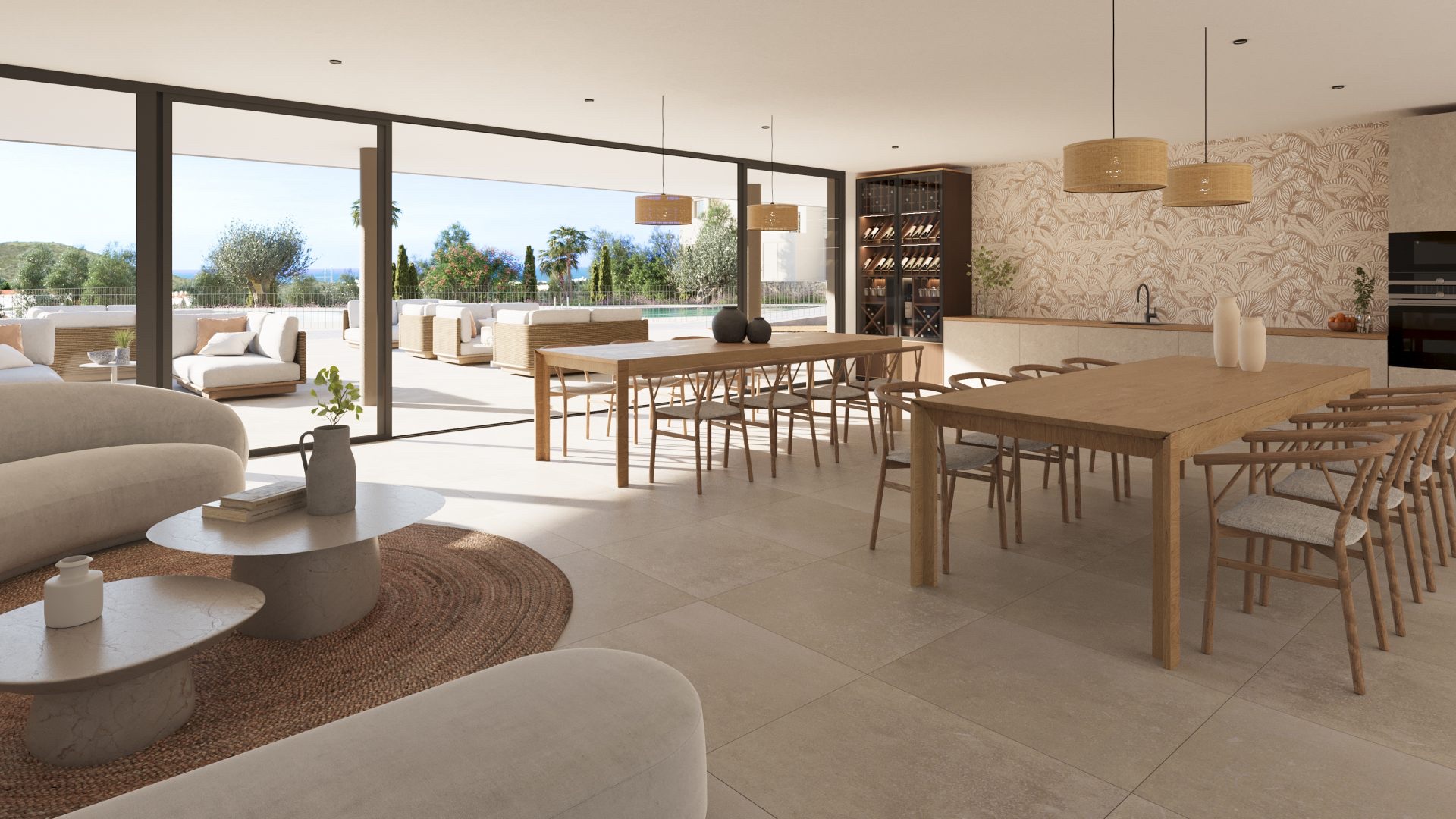 The events room, with a wine cabinet and a kitchenette of its own, opening onto the pool terrace. Greenity, Las Lagunas de Mijas, Mijas.