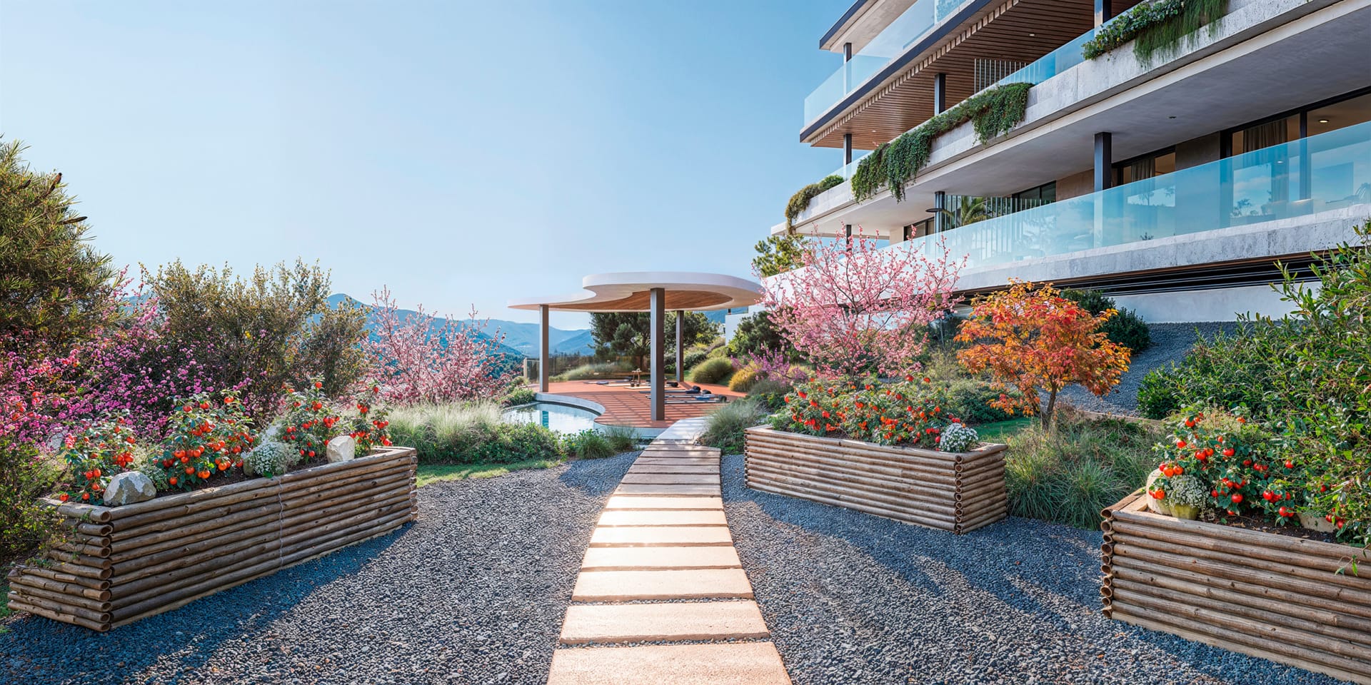 A stepping-stone path across gravel, between raised flower beds, leading to a covered area beside a water feature. Haiku, Cancelada, Estepona.