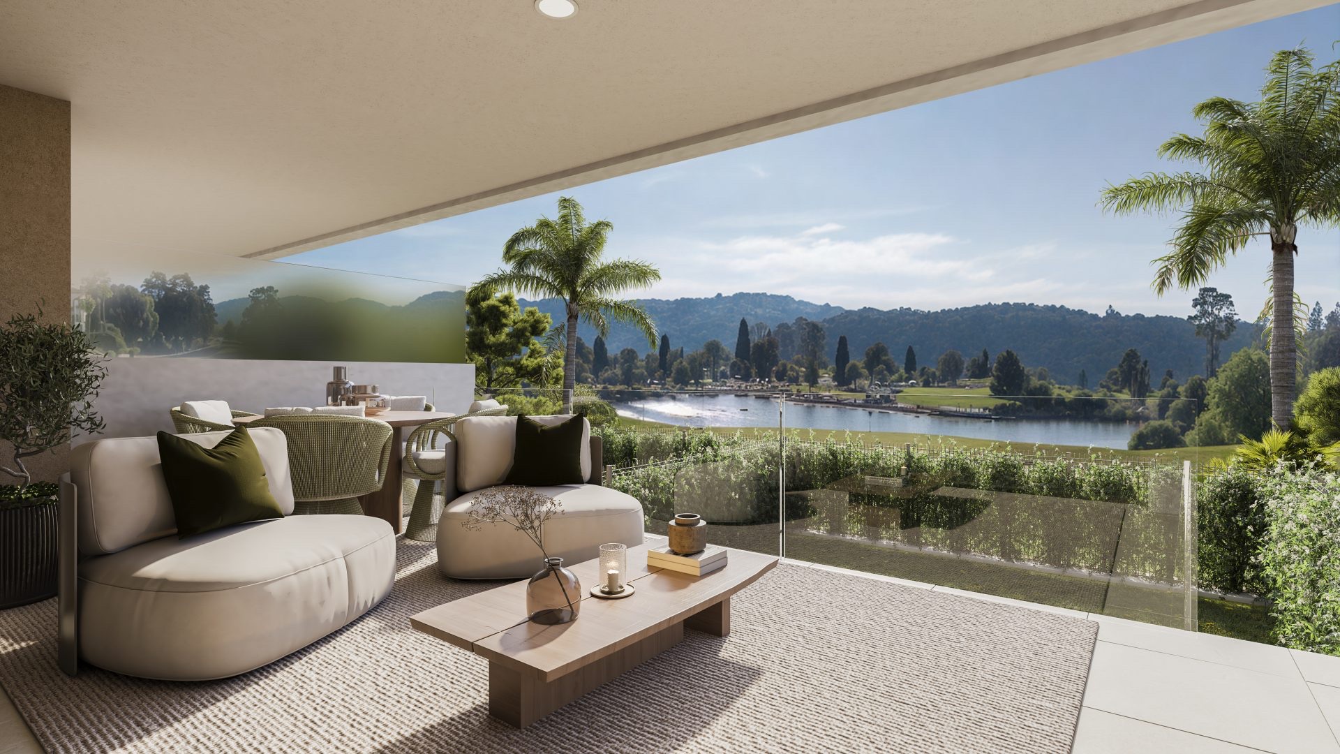 A ground-floor terrace, looking out over the Mijas Golf lakes. Helvet Green, Mijas Golf, Mijas.
