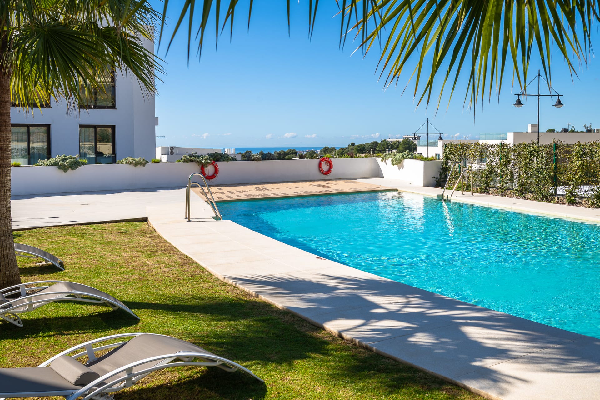 The pool and its lawn, with loungers under the palms and the sea on the horizon. Horizon 36, El Higuerón, Fuengirola.
