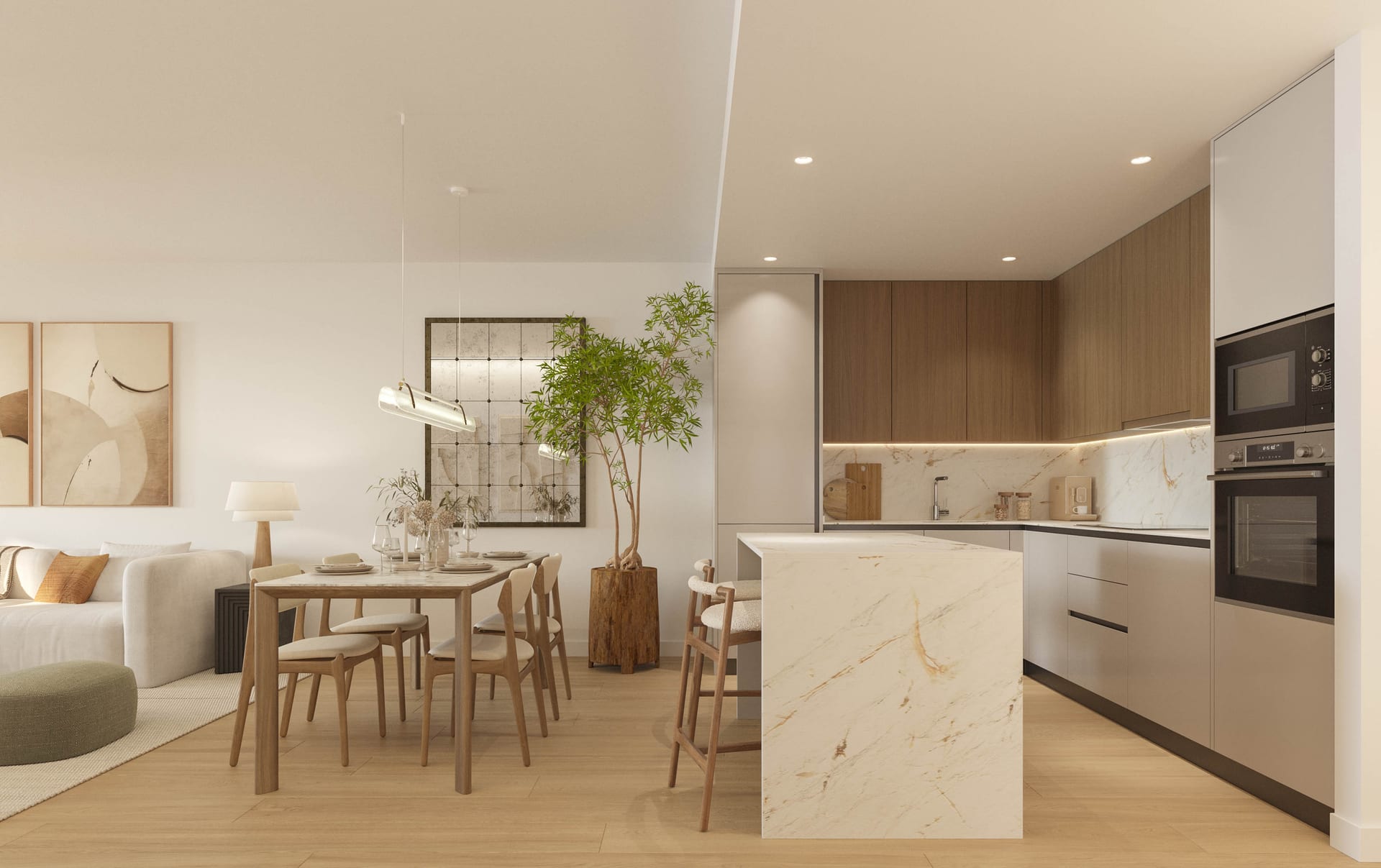 A kitchen with wood-finish wall cupboards, pale base units and a marble-effect island, open to the dining area. Kosmos, El Pinillo, Torremolinos.